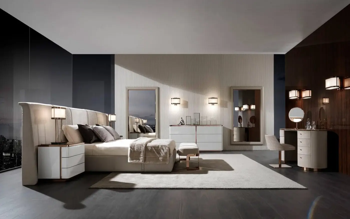 Exceptional DV Home Collection Coco bench with light beige textile upholstery and rose gold steel legs