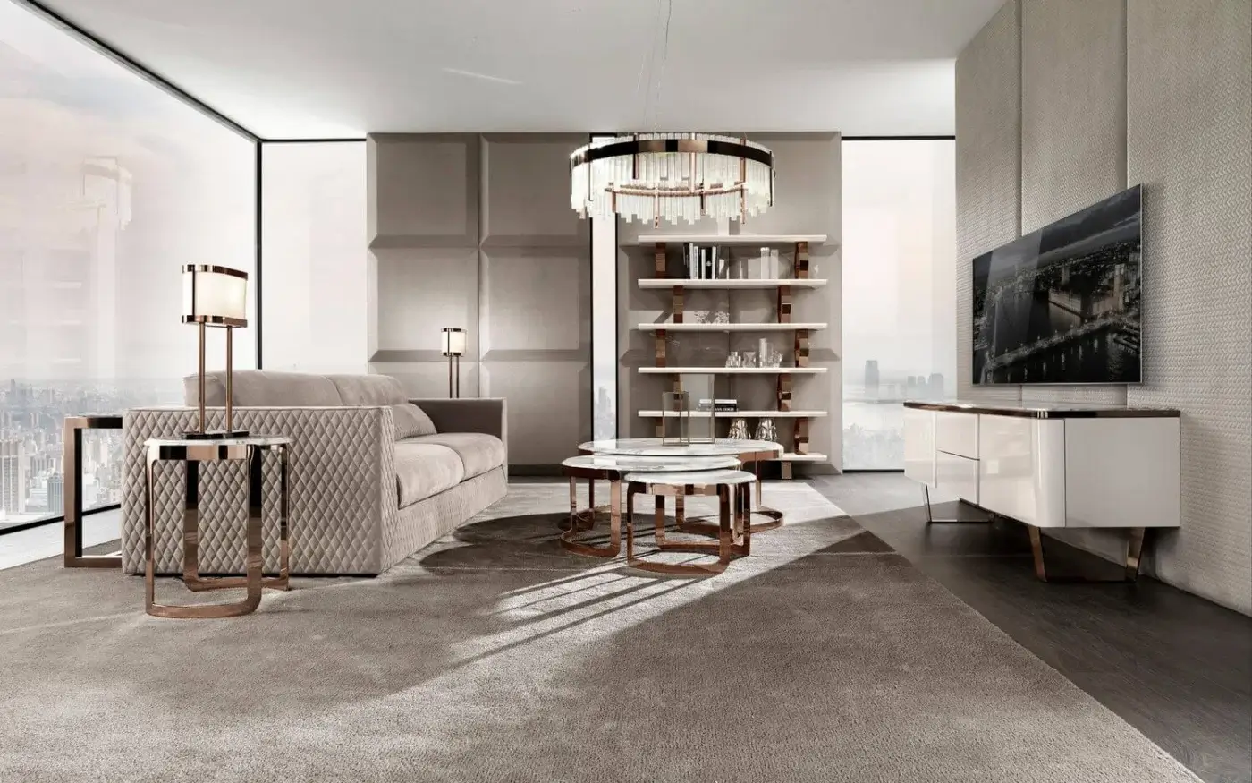 Sophisticated DV Home Collection Coco coffee table with Frappuccino marble top and glossy copper finish