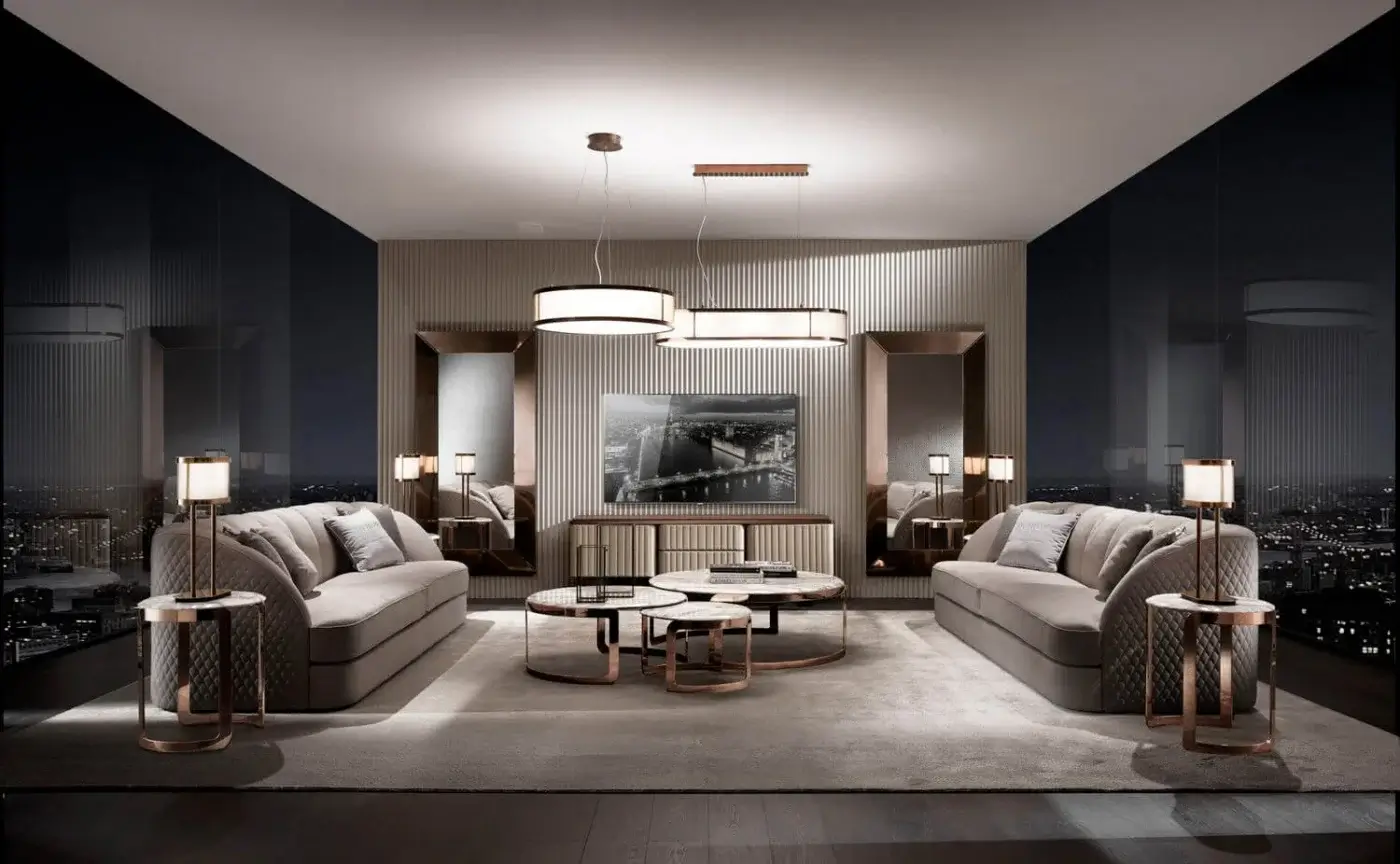 Refined DV Home Collection Coco side table with Frappuccino marble top and high-end steel base