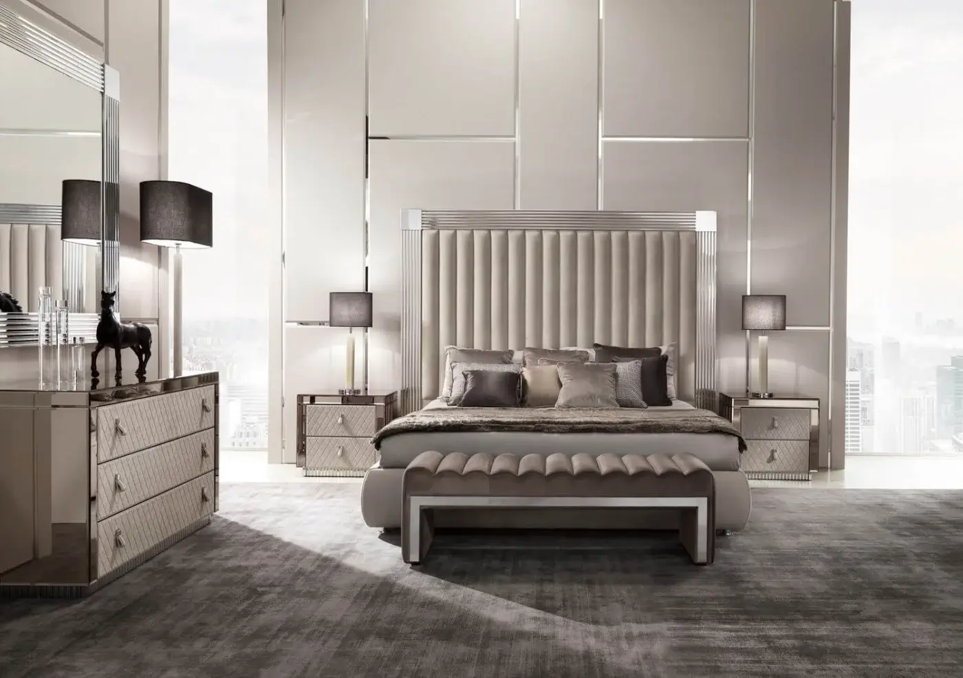 Elegant DV Home Collection Envy beveled mirror bench with taupe textile upholstery and reflective stainless steel base