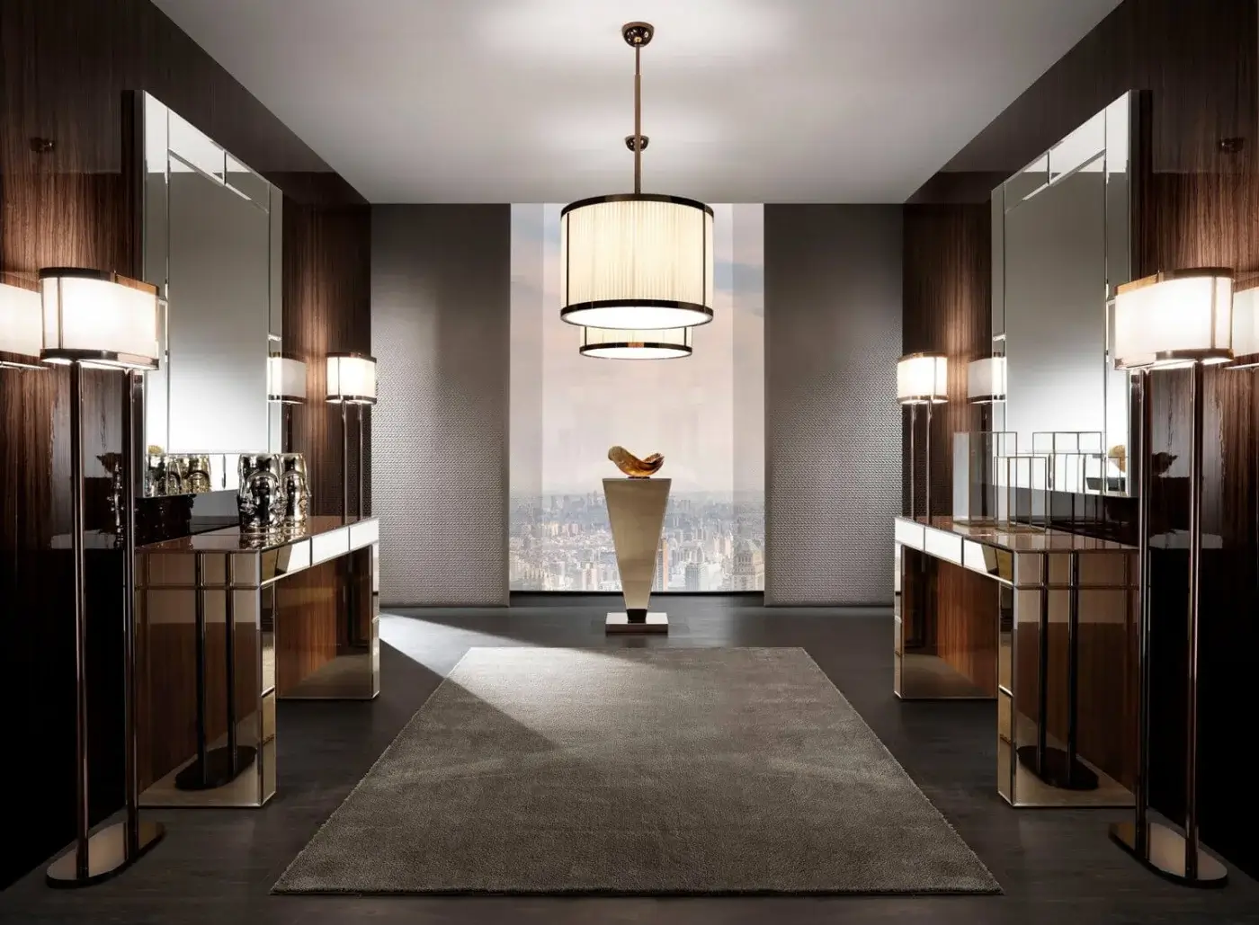 Distinguished DV Home Collection Envy console built with a natural mirror finish and shining stainless steel base