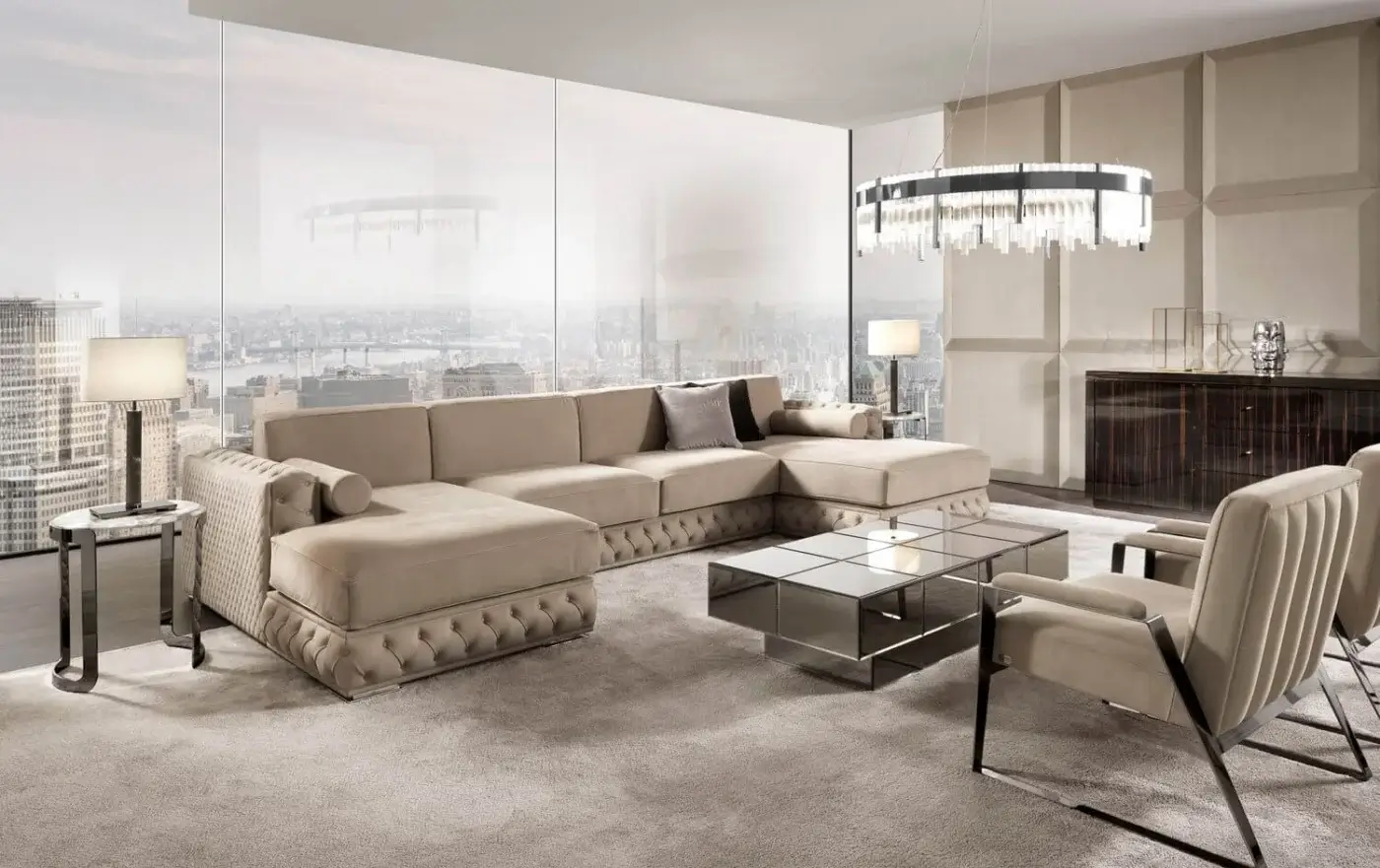 Elegant DV Home Collection Envy drawers coffee table with smoke-colored mirrored glass and shining stainless steel base