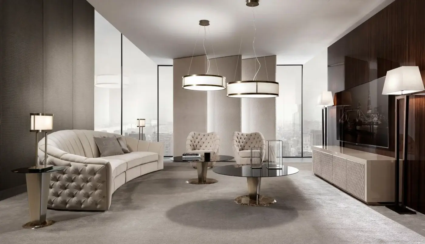 Exceptional DV Home Collection Royal Capitonne' lounge chair with light beige tufted fabric and round swivel steel base
