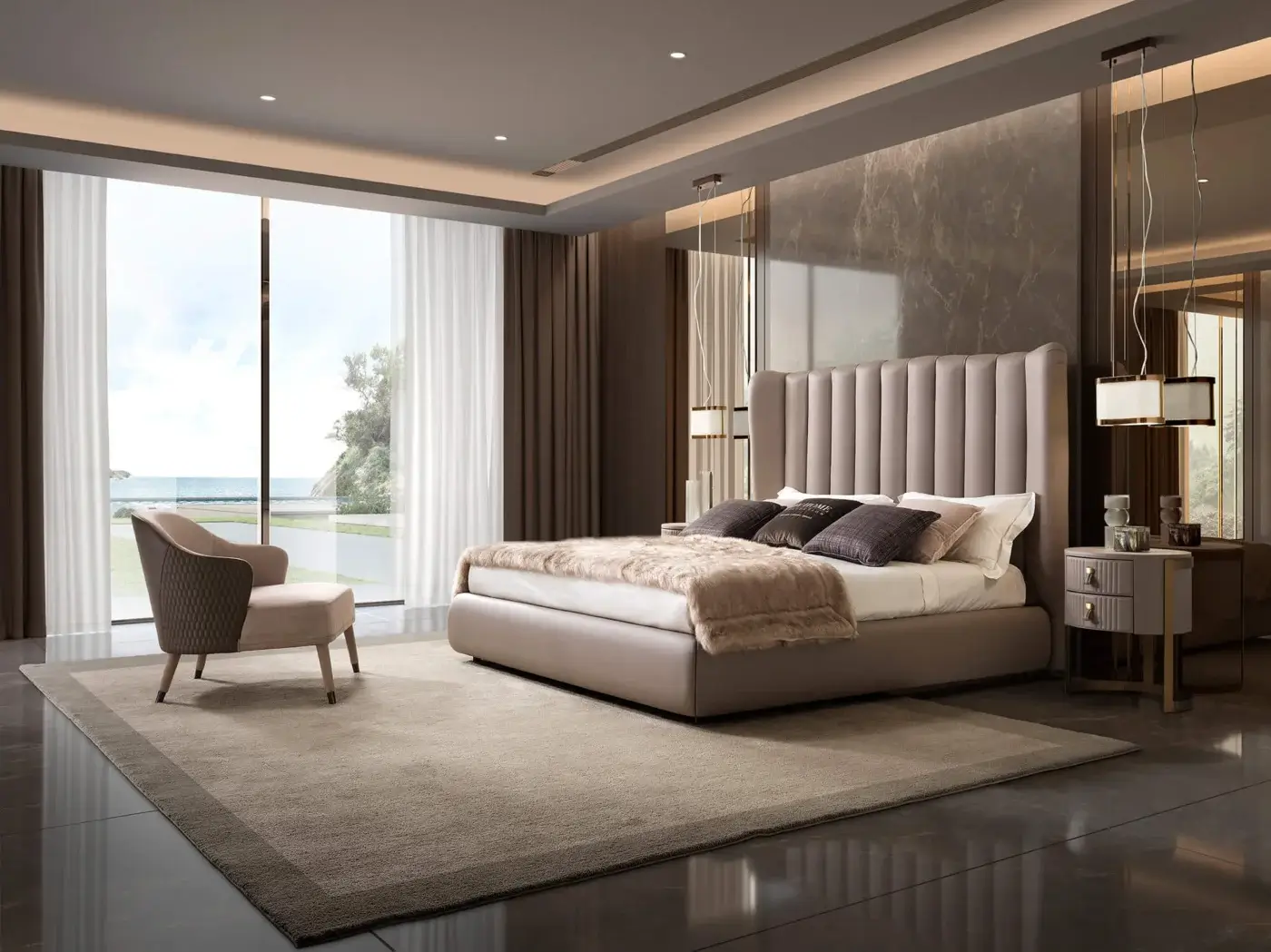 Elegant DV Home Collection Hermes bed with multilayer structure upholstered in muted beige synthetic material and refined vertical quilting