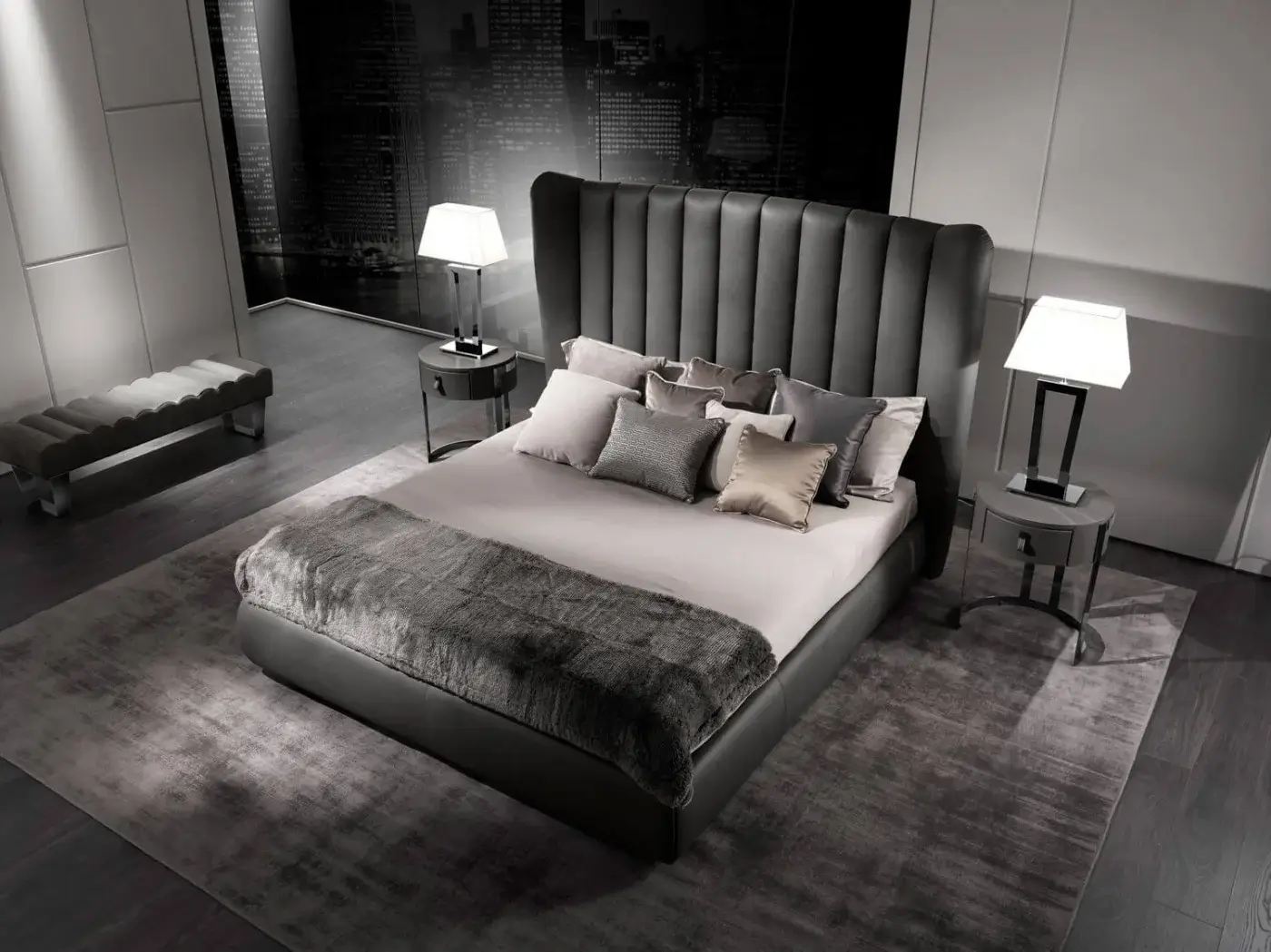 Elegant DV Home Collection Byron Prince nightstand with gray leather top and sleek chrome metal base