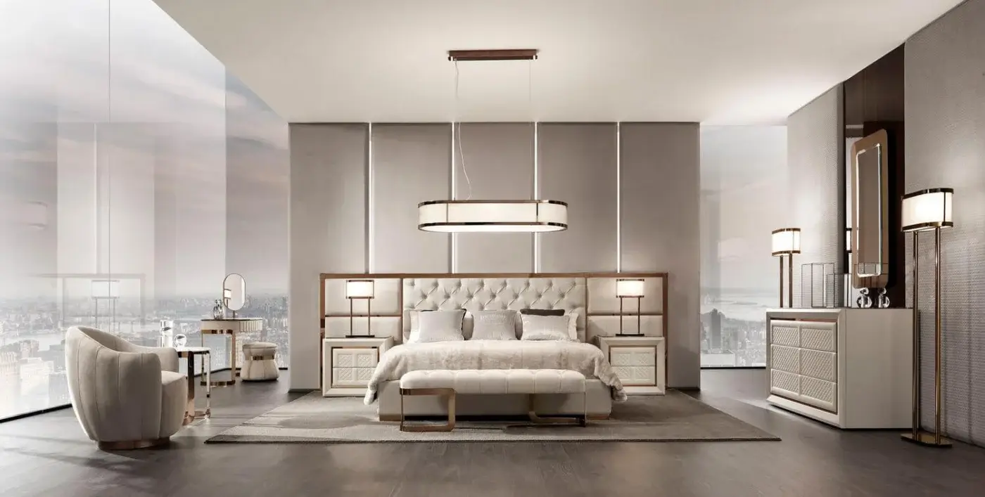 Lavish DV Home Collection Coco bench with beech wood structure, soft beige fabric upholstery and gold-toned steel legs