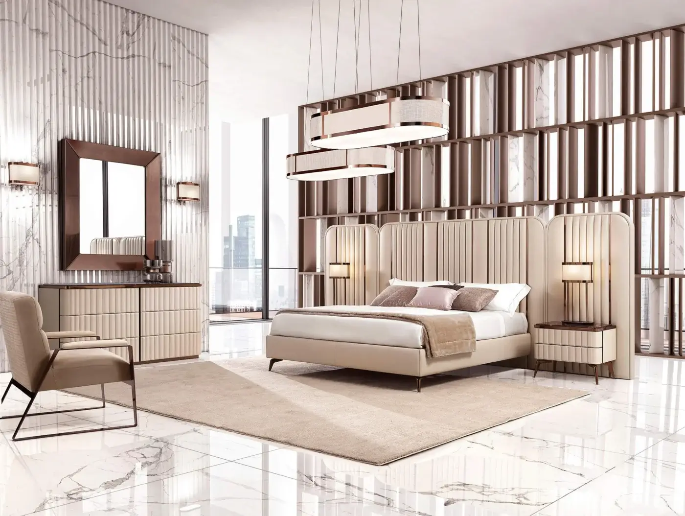Distinguished DV Home Collection Tiffany bed crafted in Italy with light beige textile upholstery and a shining stainless steel frame