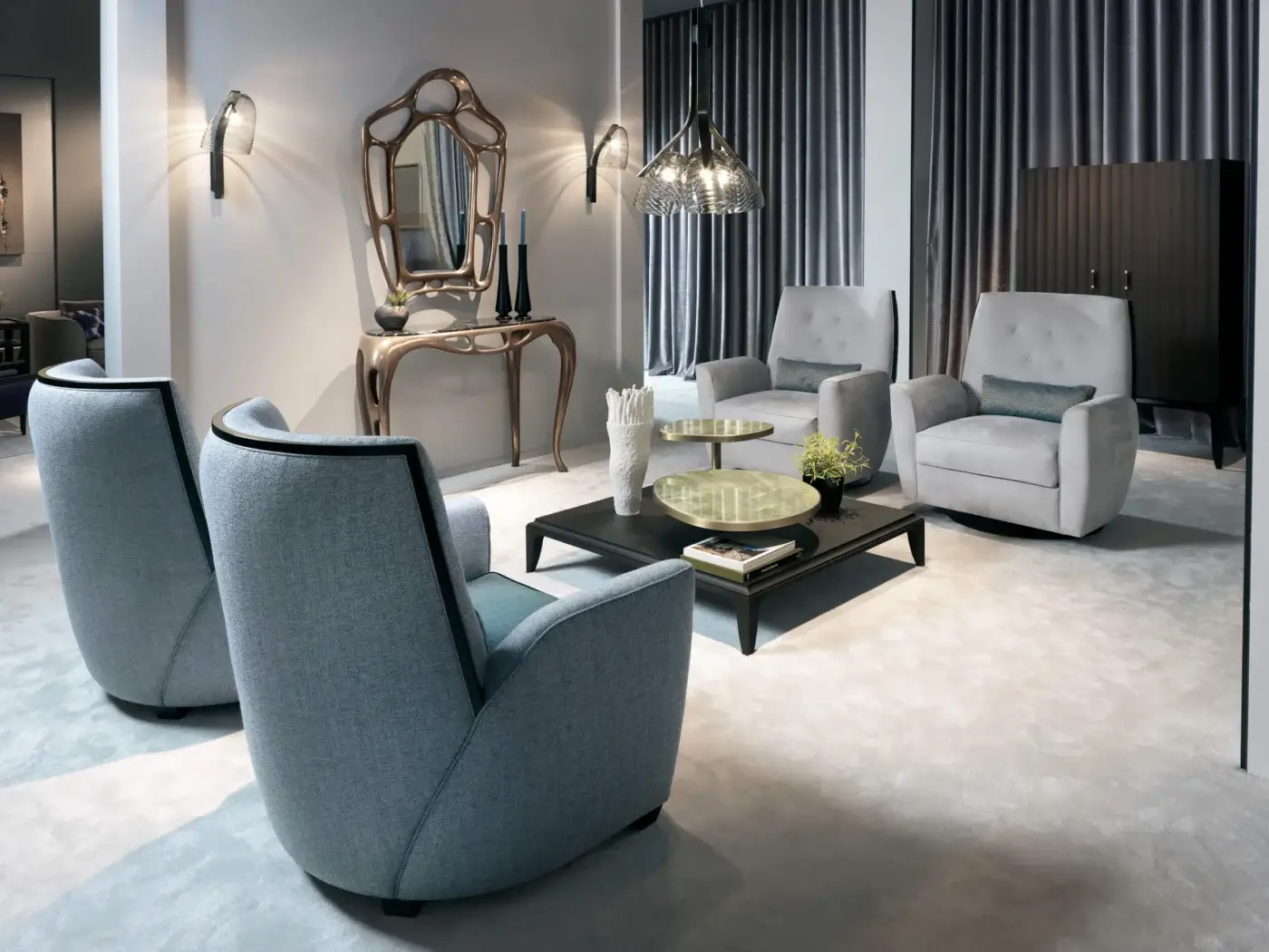Captivating BelMondo by Bellotti Ezio Medita lounge chair with soft blue-grey textile and dark trim defining its curved form