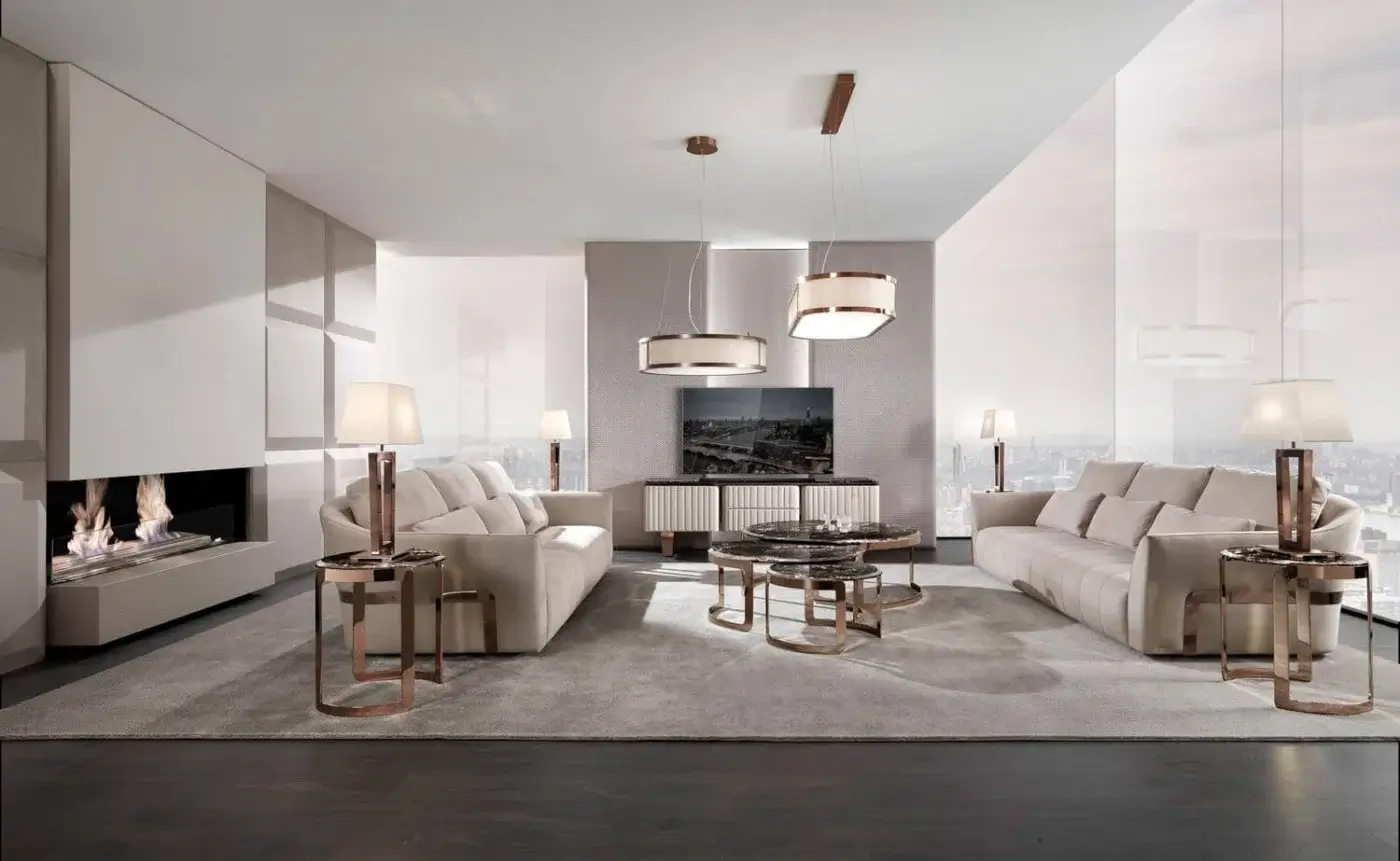 Lavish DV Home Collection Deco sofa crafted in Italy with light beige textile and polished steel structure