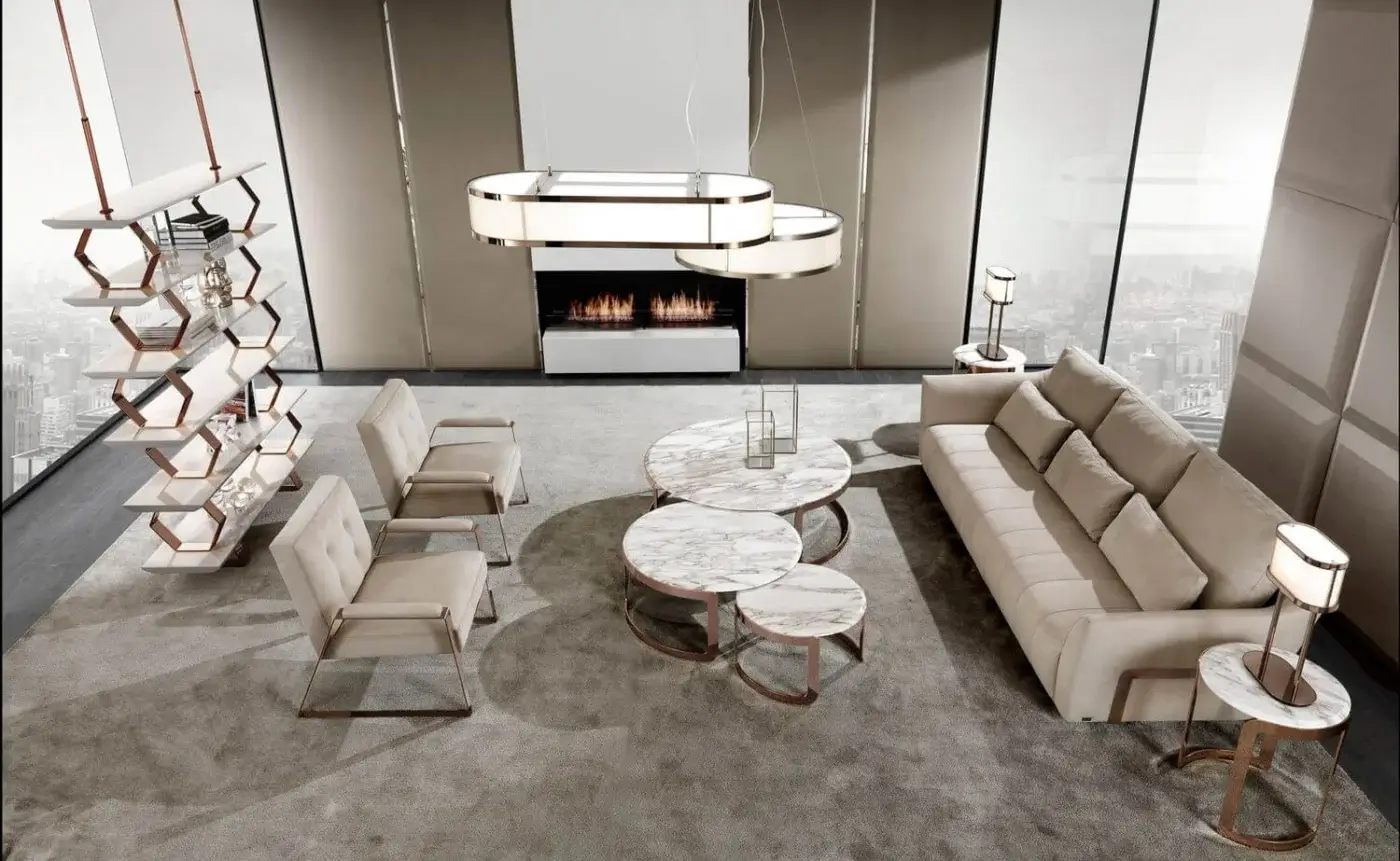 Elegant DV Home Collection Coco coffee table with light beige textile and marble top built with a steel base