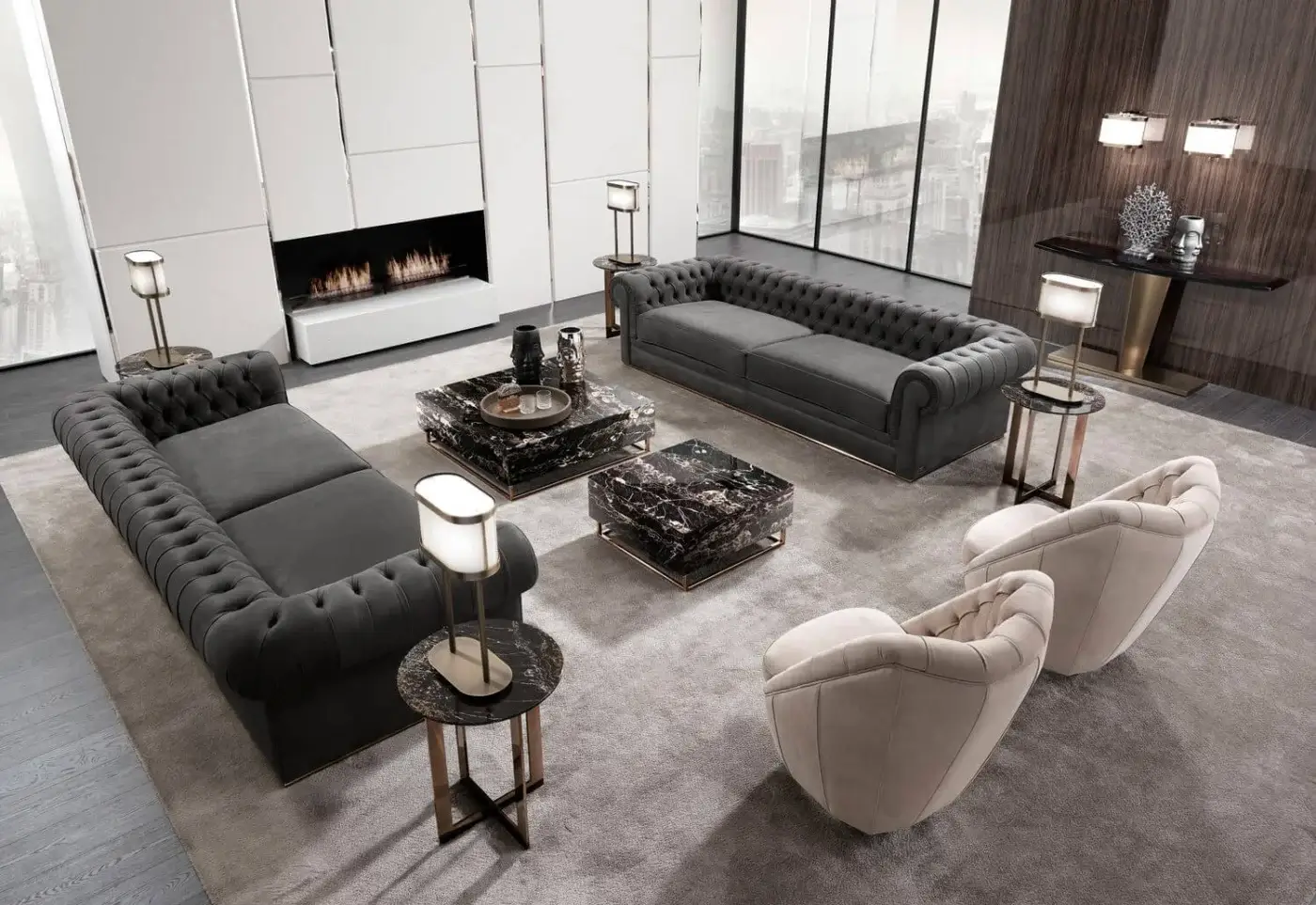 Sophisticated DV Home Collection Royal Capitonne' lounge chair with light beige fabric upholstery and tufted backrest built with steel and wood