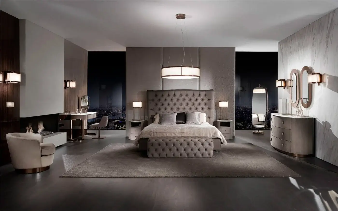 Elegant DV Home Collection Adler Plus nightstand with curved forms and smooth leather in light grey, complemented by beveled mirror or marble