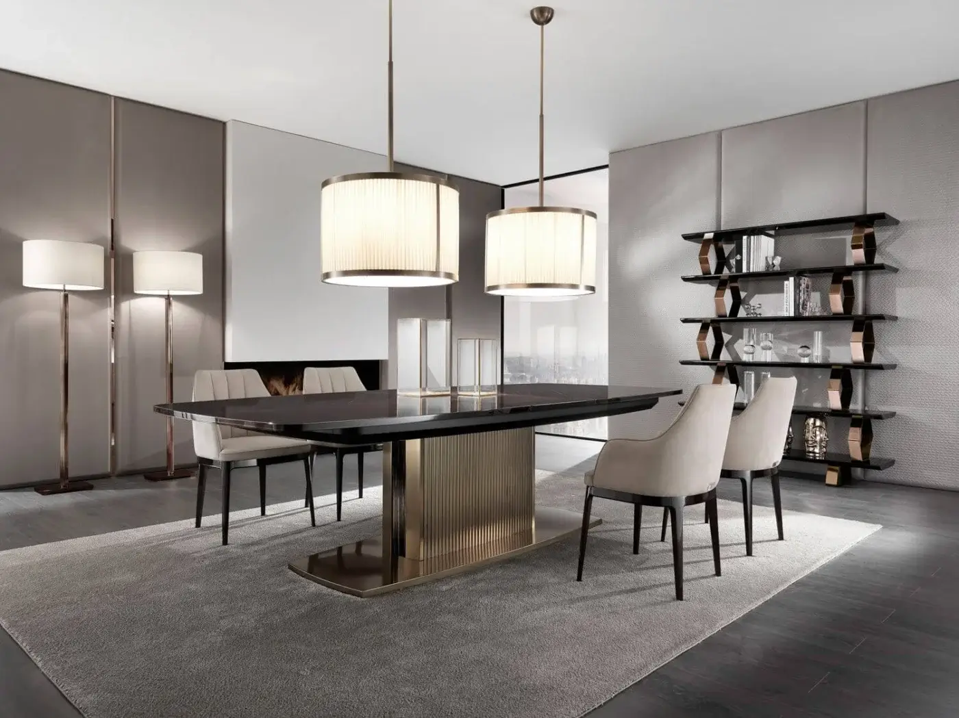 Sophisticated DV Home Collection Windsor table with veneered top in Ebano Macassar and glossy finish built with a stainless steel insert base