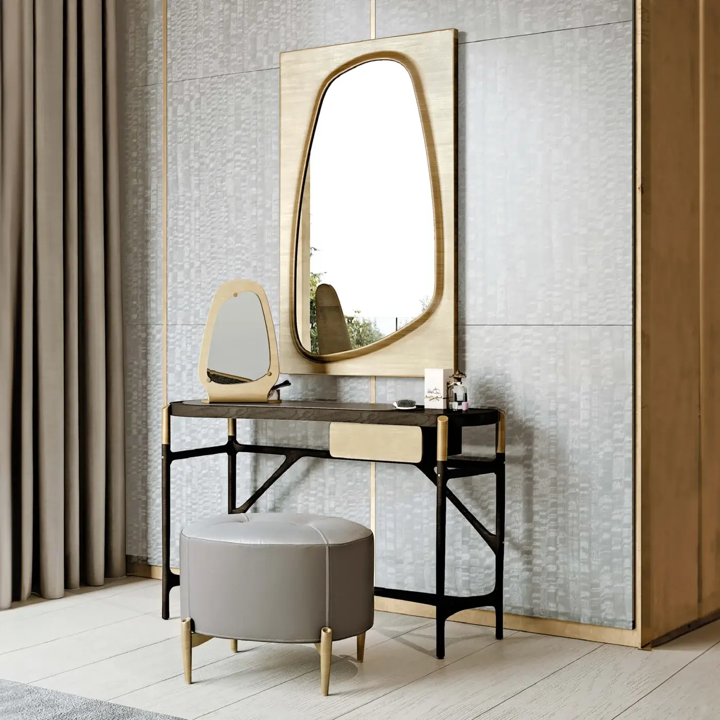 Distinguished BelMondo by Bellotti Ezio Afrodite vanity with dark wood tabletop, black metal legs, and light wood drawer built with an organically shaped mirror and light gray stool