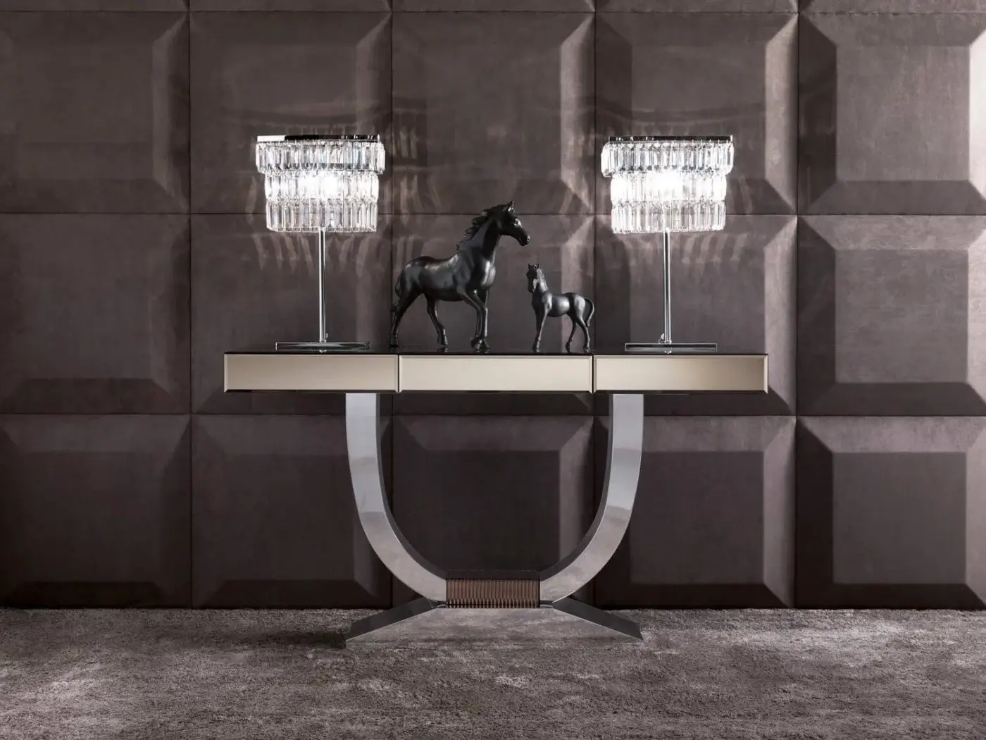 Sophisticated DV Home Collection Byron lamp with clear bevelled glass pendants and shining chrome finish