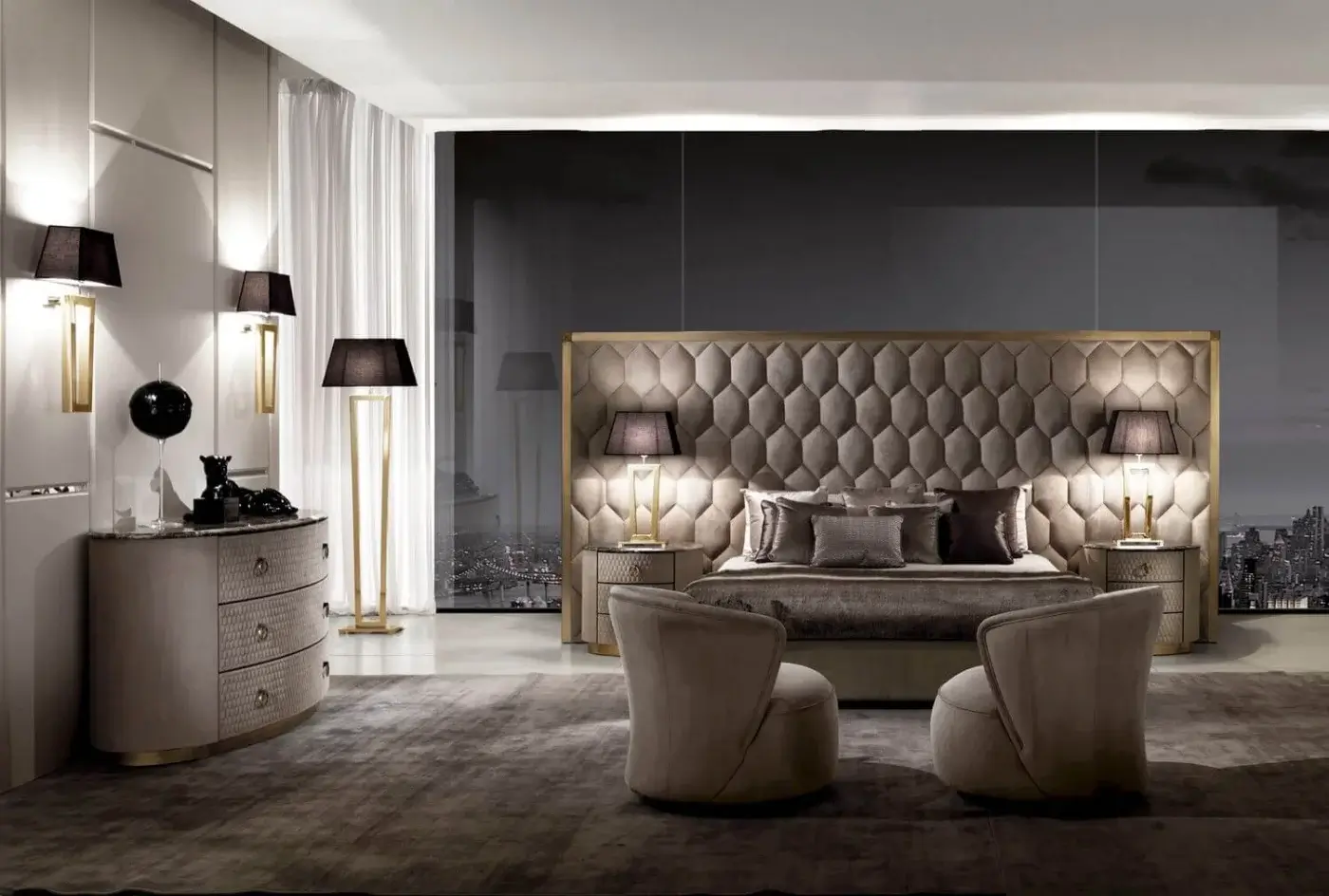 Exclusive DV Home Collection Charlotte dresser with light beige textile and hexagon quilting, complemented by a dark stone top and metallic base