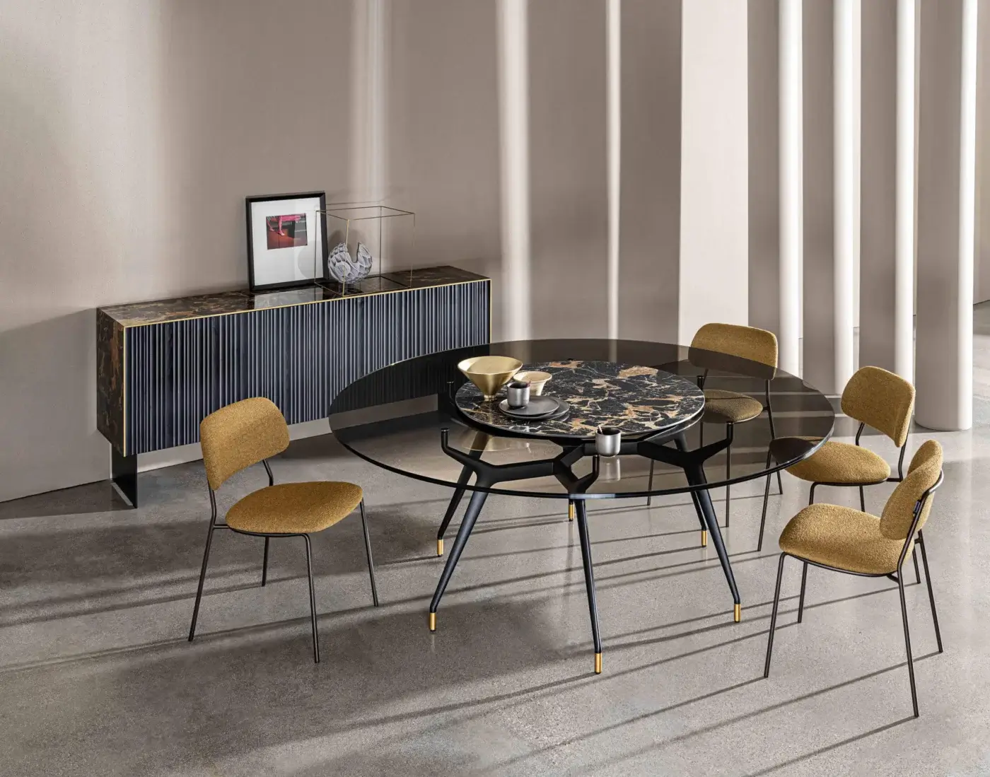 Superior Sovet Italia Arkos XXL table with transparent glass top and lacquered aluminum in matte black with gold accents
