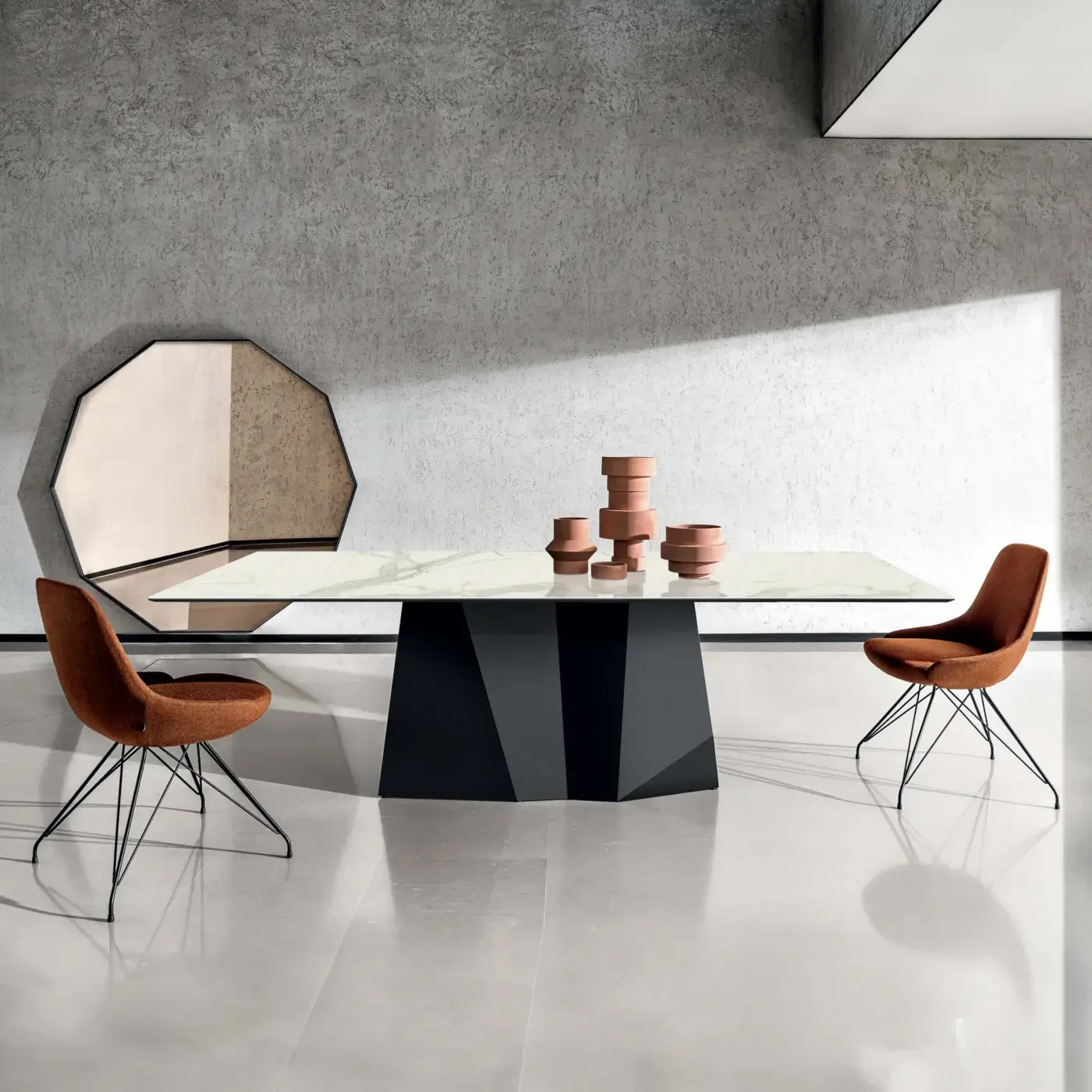 Exclusive Sovet Italia GranDeod table with tempered glass top displaying a white marble pattern and a dark matte lacquered metal base