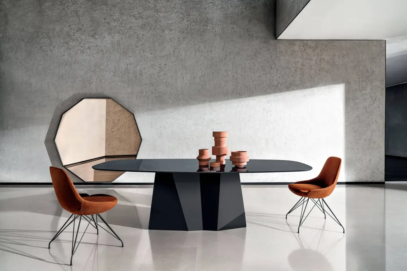 Elegant Sovet Italia GranDeod table with lacquered metal base and laminated ceramic top in a dark matte finish