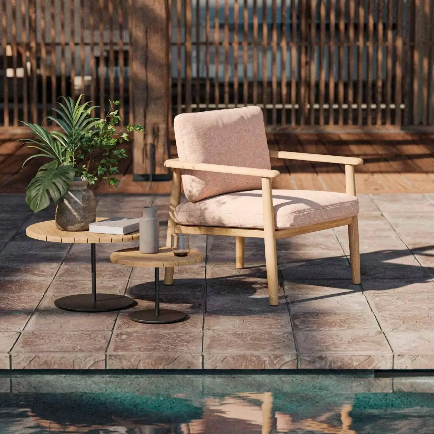 Exceptional Royal Botania Mambo lounge chair with light-toned wood and pale pink cushions in a smooth matte finish