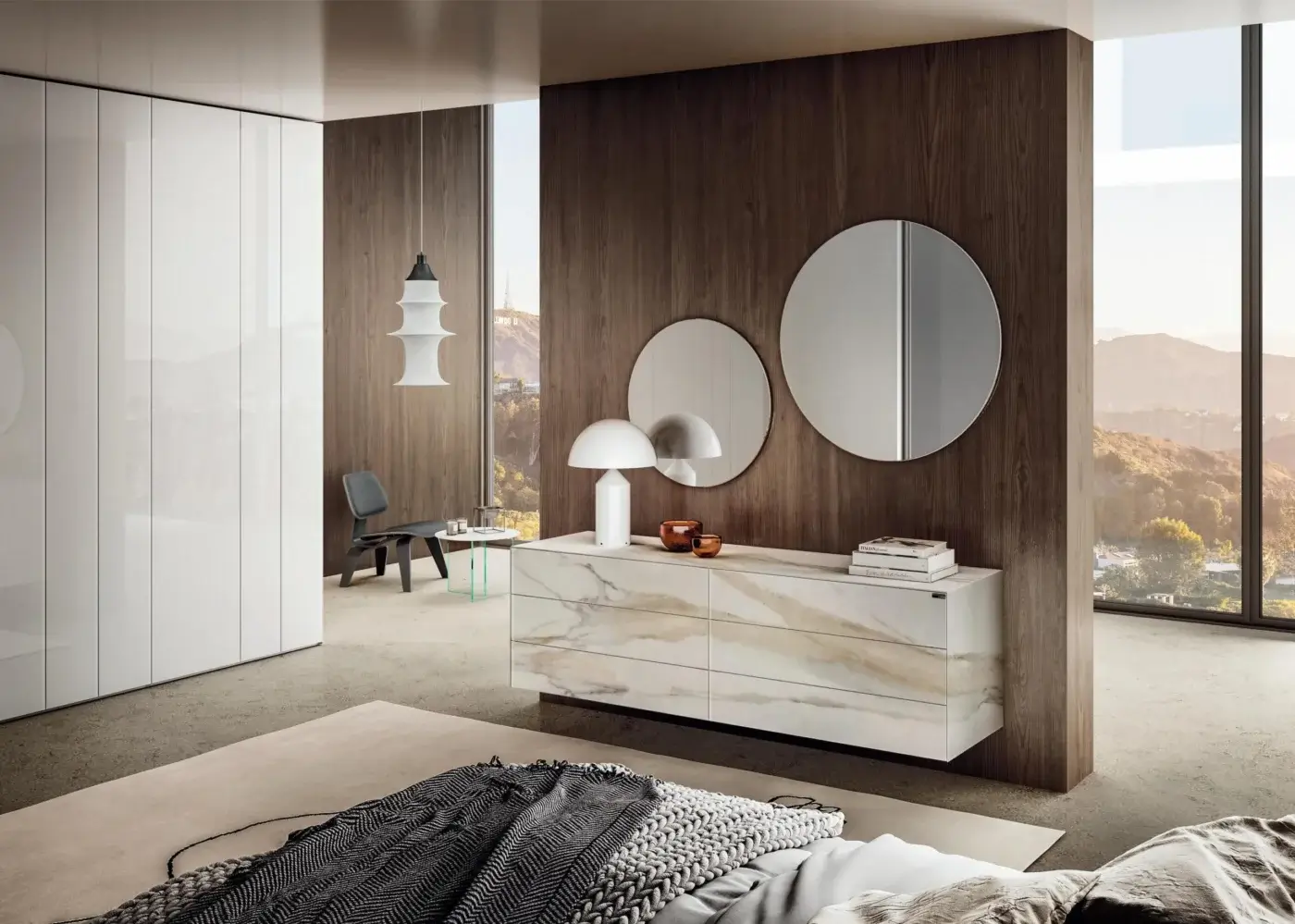 Lago materia dresser, marble-effect top, dark wood frame, white lacquer drawers, modern bedroom with mirrors and pendant lighting.