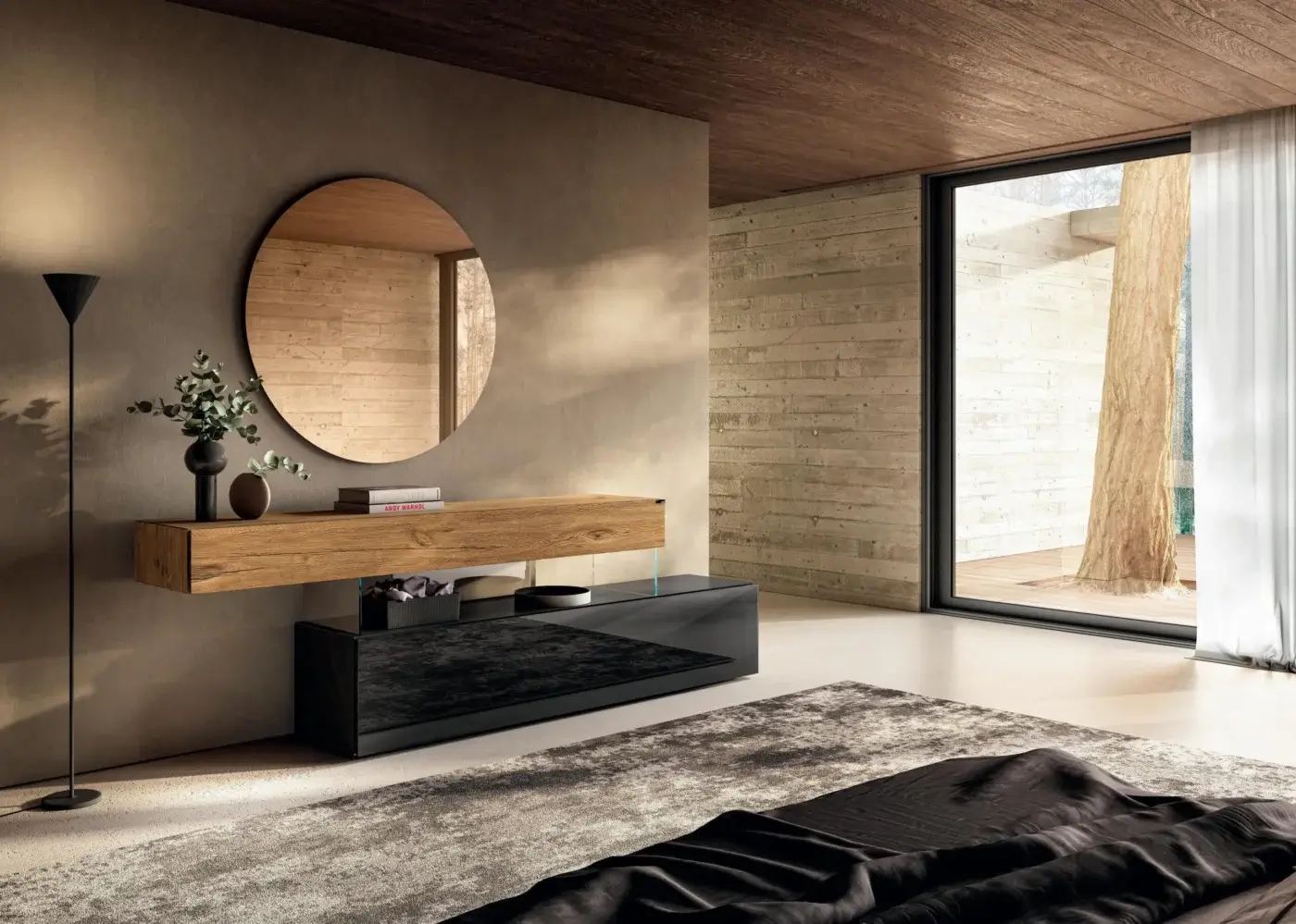 Lago Air dresser in light oak and anthracite, wall-mounted with circular mirror, minimalist bedroom interior with wood paneling.