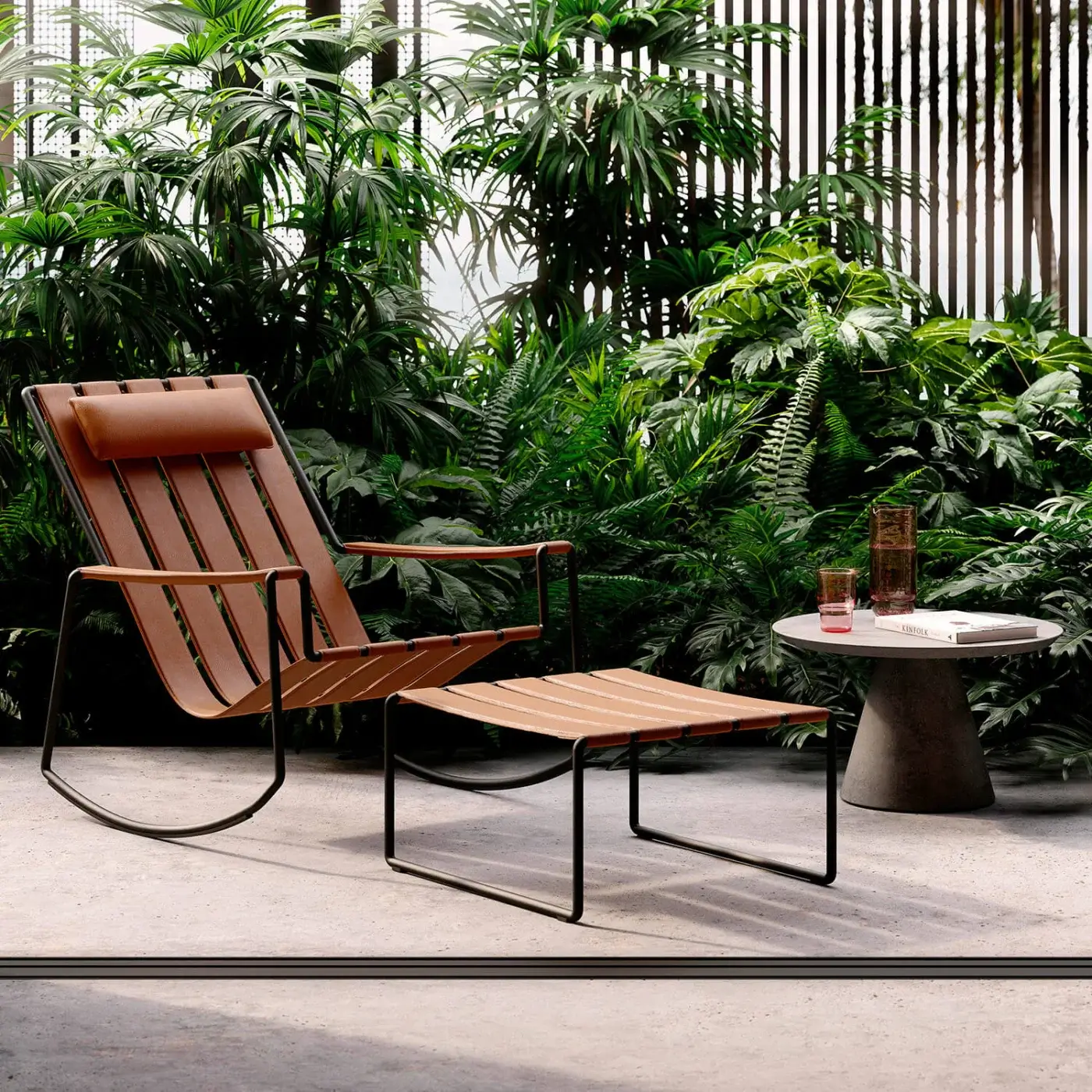 Superior Royal Botania Strappy lounger with coordinating ottoman in medium brown eco-leather and uniform finish