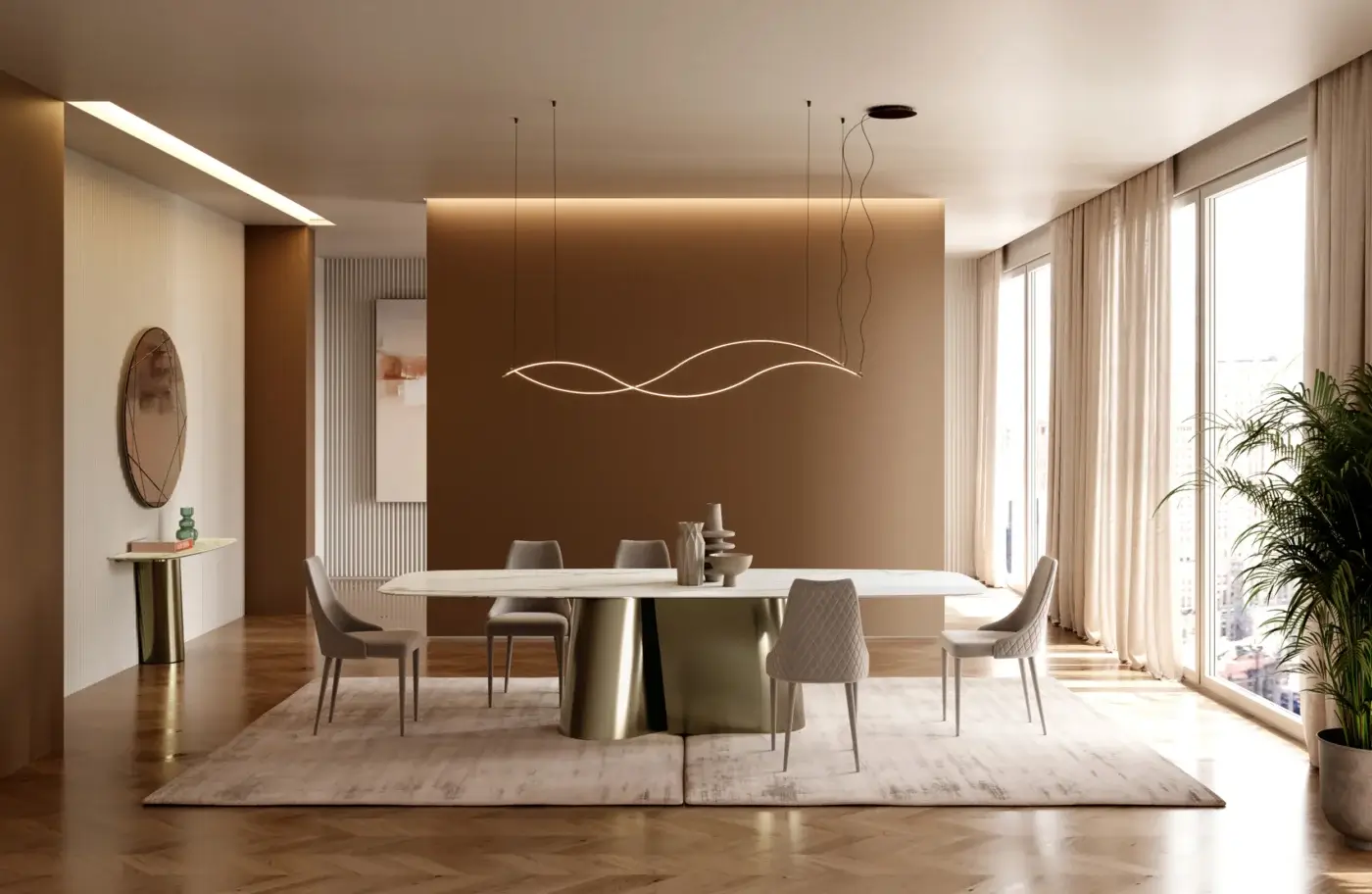 Dining table with white marble top and olive-green barrel base, surrounded by eight gray diamond-patterned dining chairs in a modern dining room.