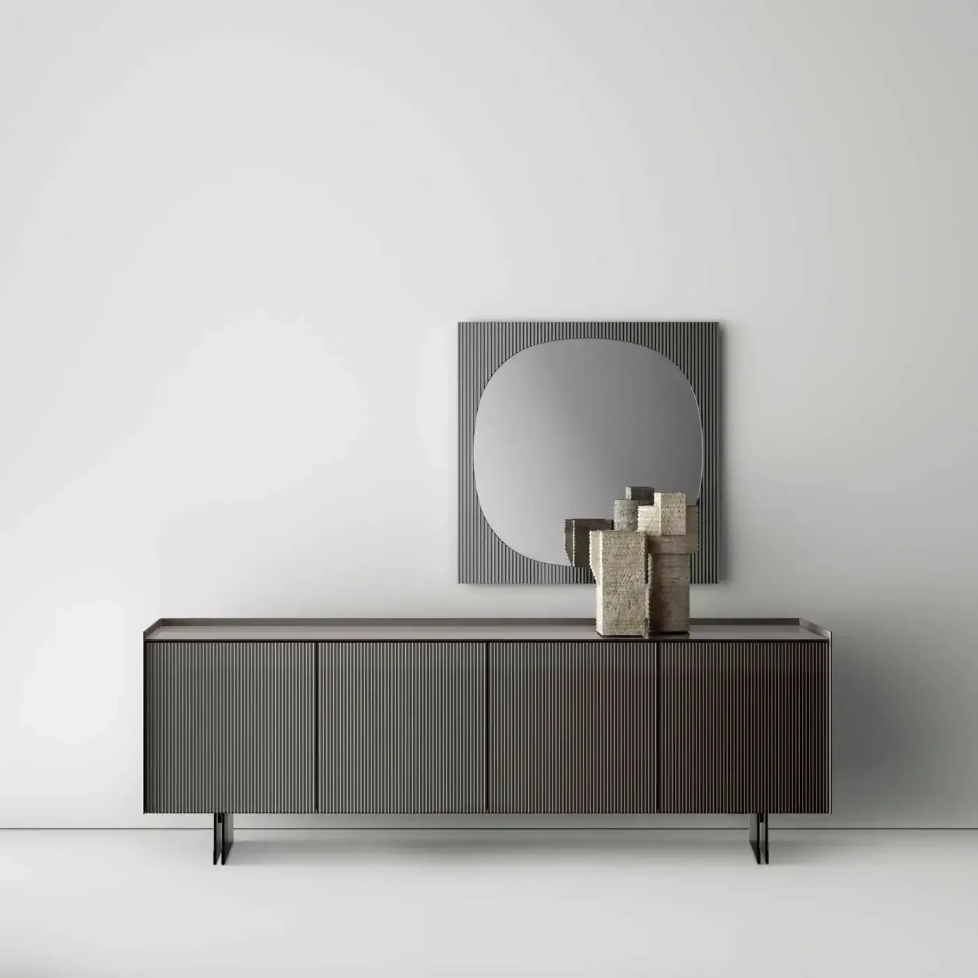 Tonelli Aterea sideboard, dark gray-brown, six ribbed doors, black legs, paired with a square mirror featuring a circular cutout.