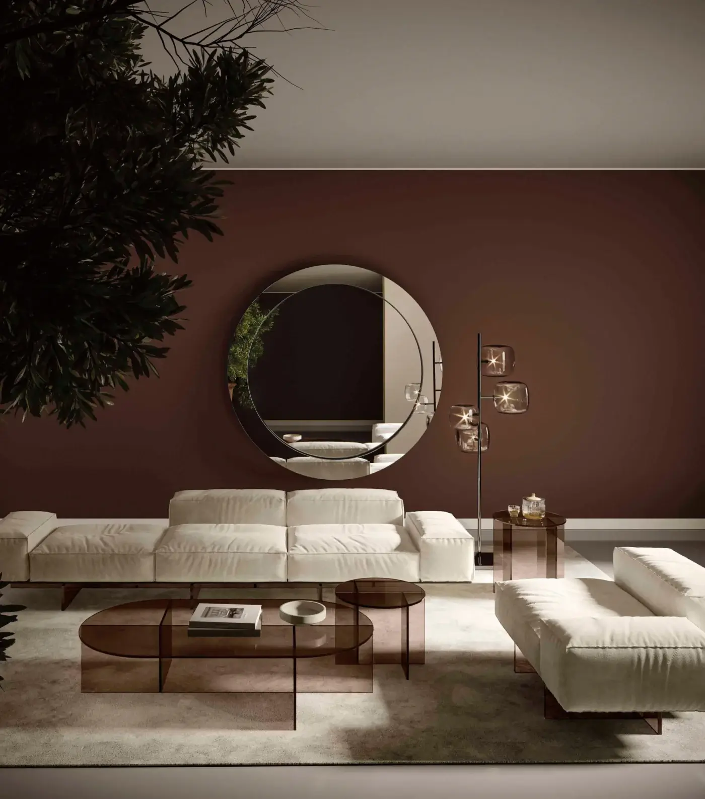 Beige Tonelli sectional sofa with chaise, bronze glass coffee table, terracotta wall, and amber glass floor lamp.