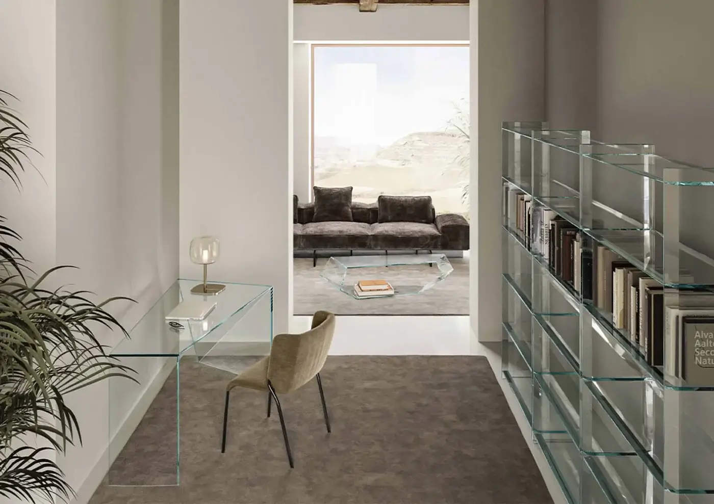 Tonelli Quiller bookcase, clear glass and brushed metal, tall slender shelving with books in minimalist beige interior.