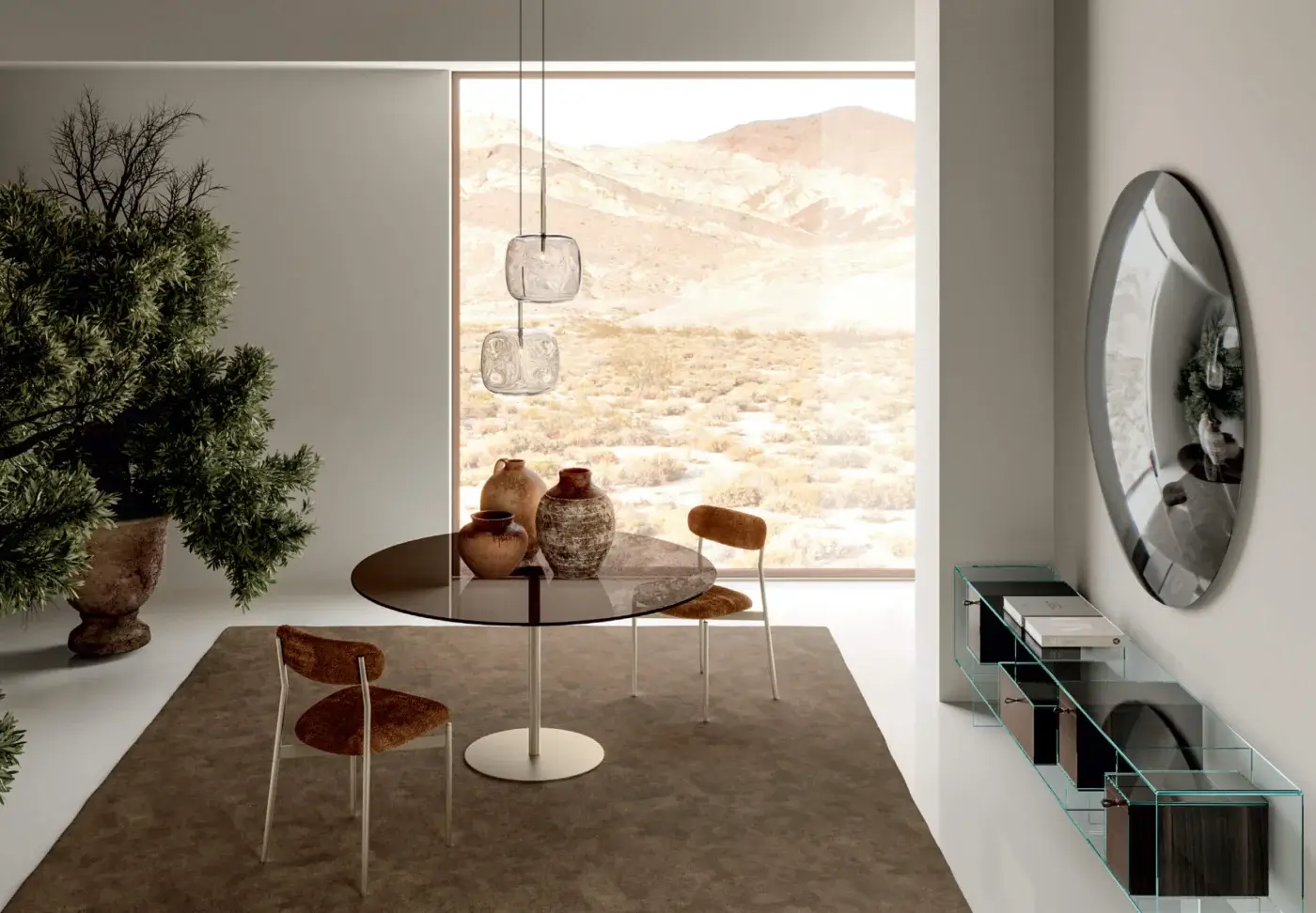Distinguished Tonelli Design Farniente table with sleek glass top and minimalist metal base in a tinted matte finish