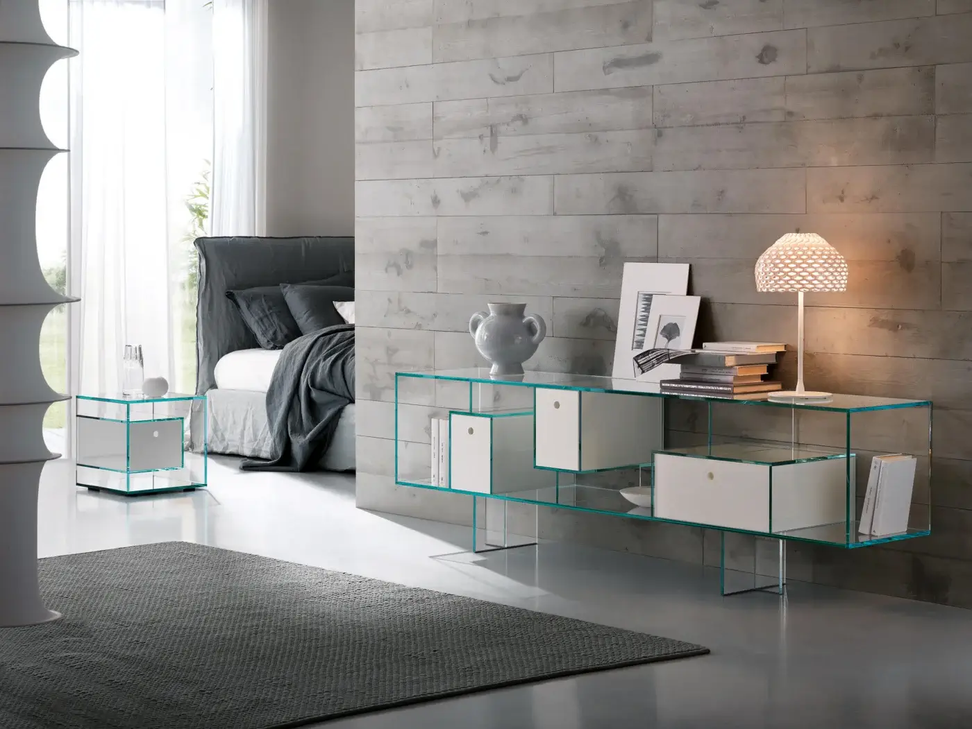 Tonelli Liber sideboard, clear glass and white, modular rectangular unit with green metal frame, stepped shelves, recessed handles.