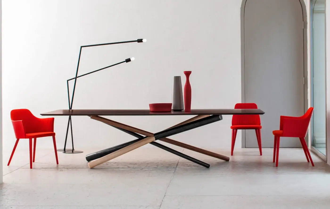 Captivating Bross W table crafted with American walnut, heat-treated oak, and metal in RAL 7016 with a dark matte wood finish