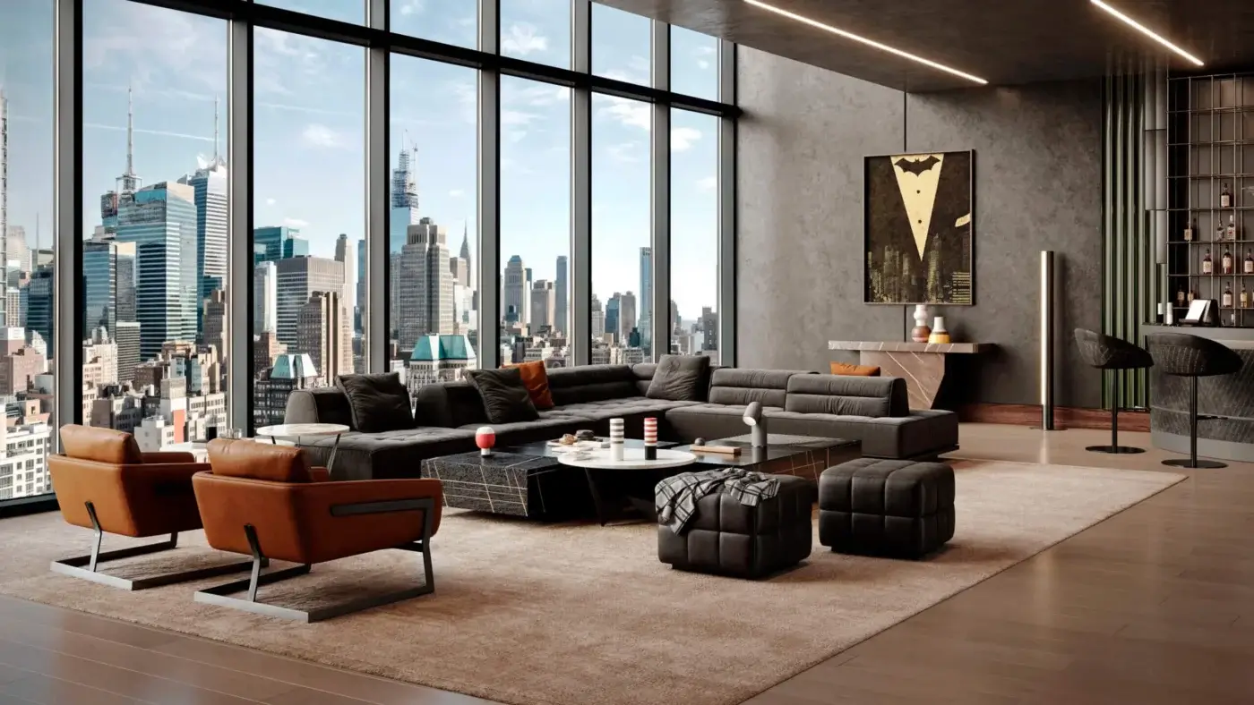 Exceptional Wayne Enterprises WE-125 coffee table with dark gray marble and light beige veining in glossy and flamed finishes
