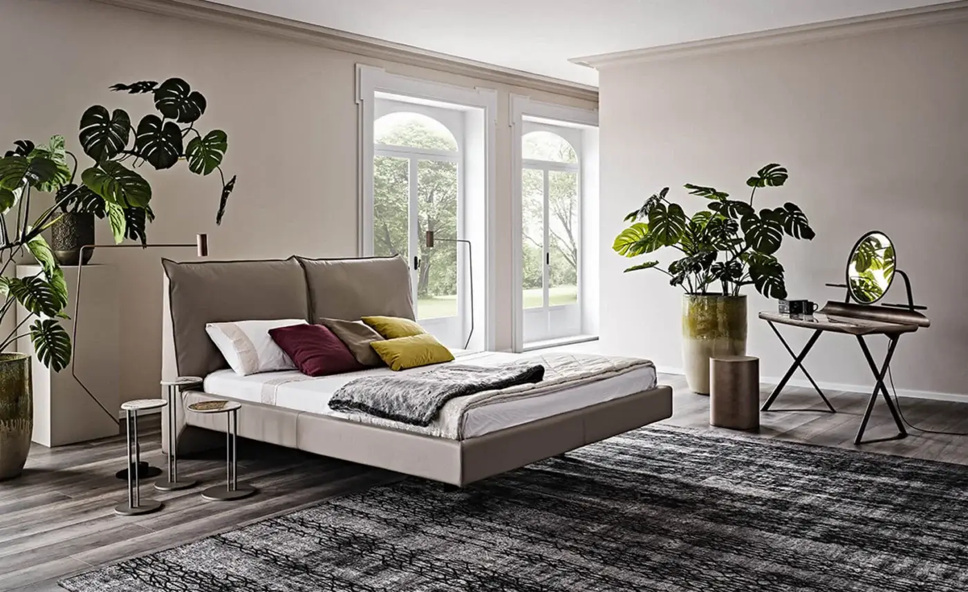 Superior Cattelan Italia Lukas bed with light beige soft leather upholstery and a padded headboard