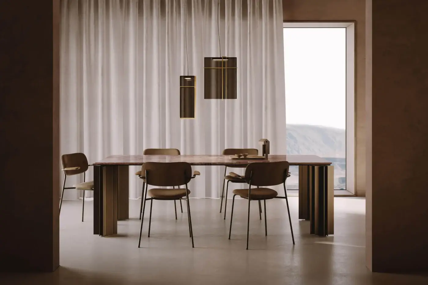 Elegant VENICEM Utmost suspension lamp with burnished brass structure and refined bronze transparent glass diffuser embodies contemporary sophistication