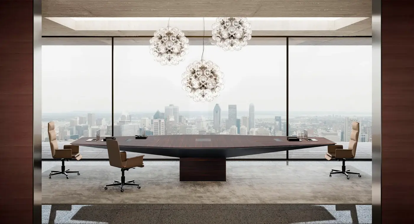 Exceptional 4 Mariani Euclideo conference table with a dark reddish-brown wood veneer tabletop and satin finish built with integrated electrified boxes