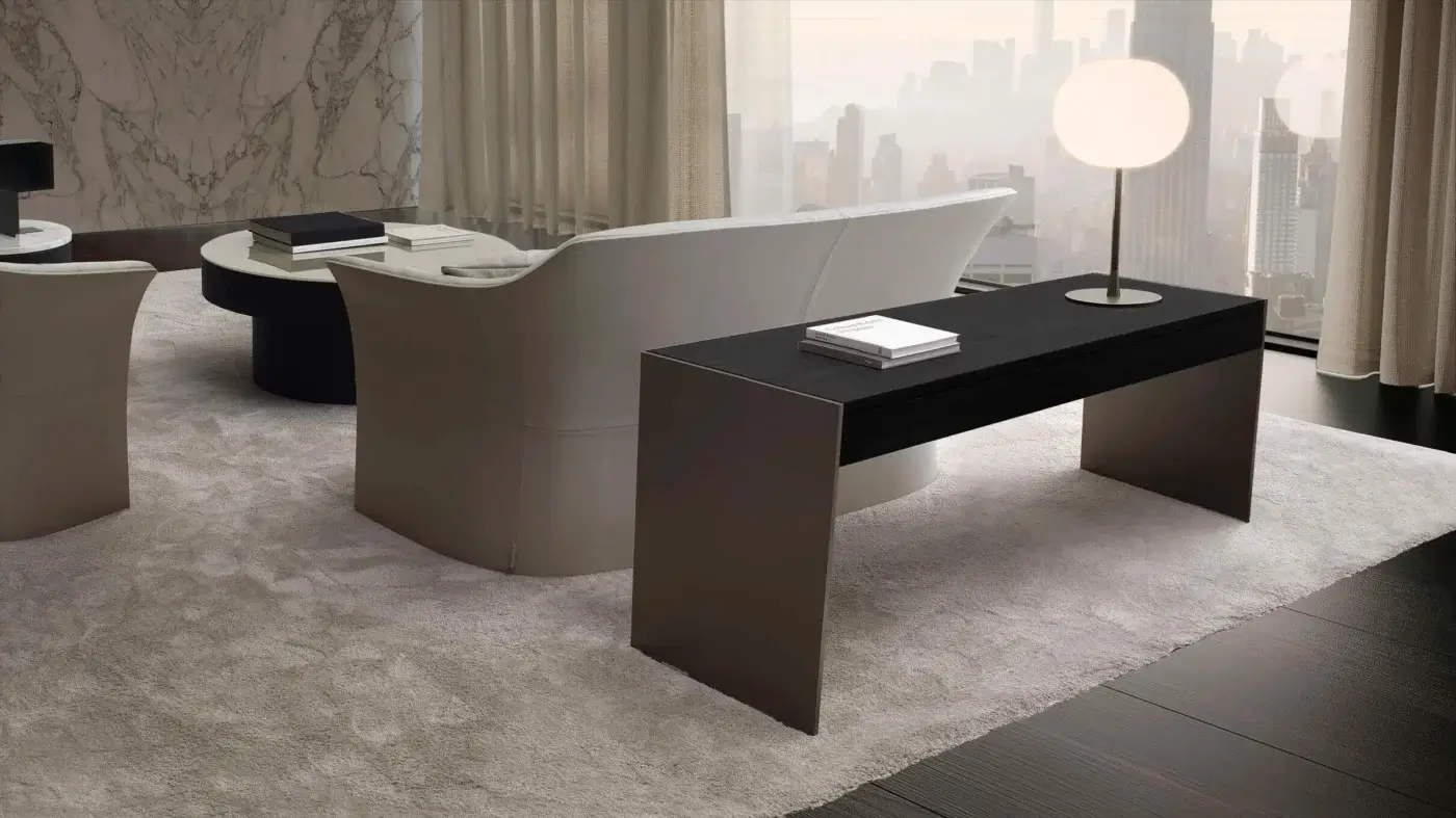 Sophisticated 4 Mariani Milano console built in dark brown Santos Rosewood with sleek dark bronze metal blades