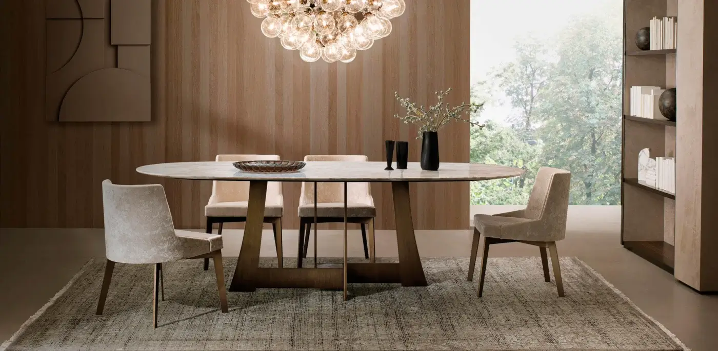 Distinguished 4 Mariani Moore chair with satin-finished metal frame and textured neutral beige textile upholstery