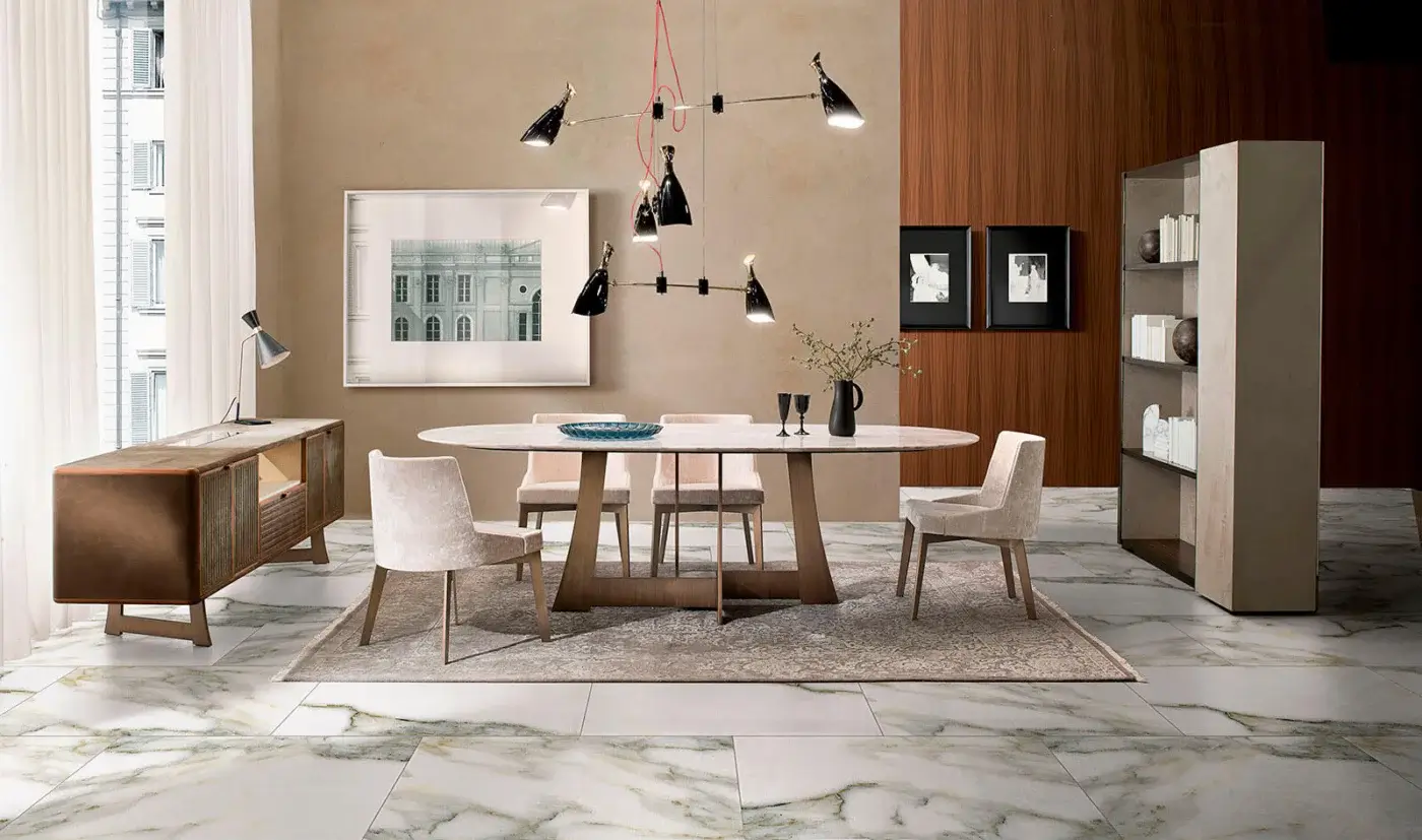 Exceptional 4 Mariani Moore chair built with light beige textile upholstery and warm medium-brown wood with a satin finish