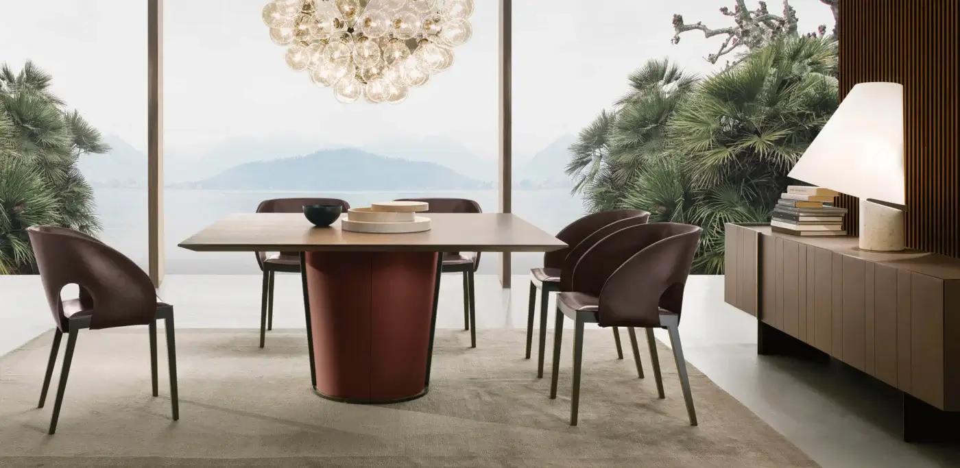 Elegant 4 Mariani Papier table with reddish-brown saddle leather base and satin-finish wood tabletop