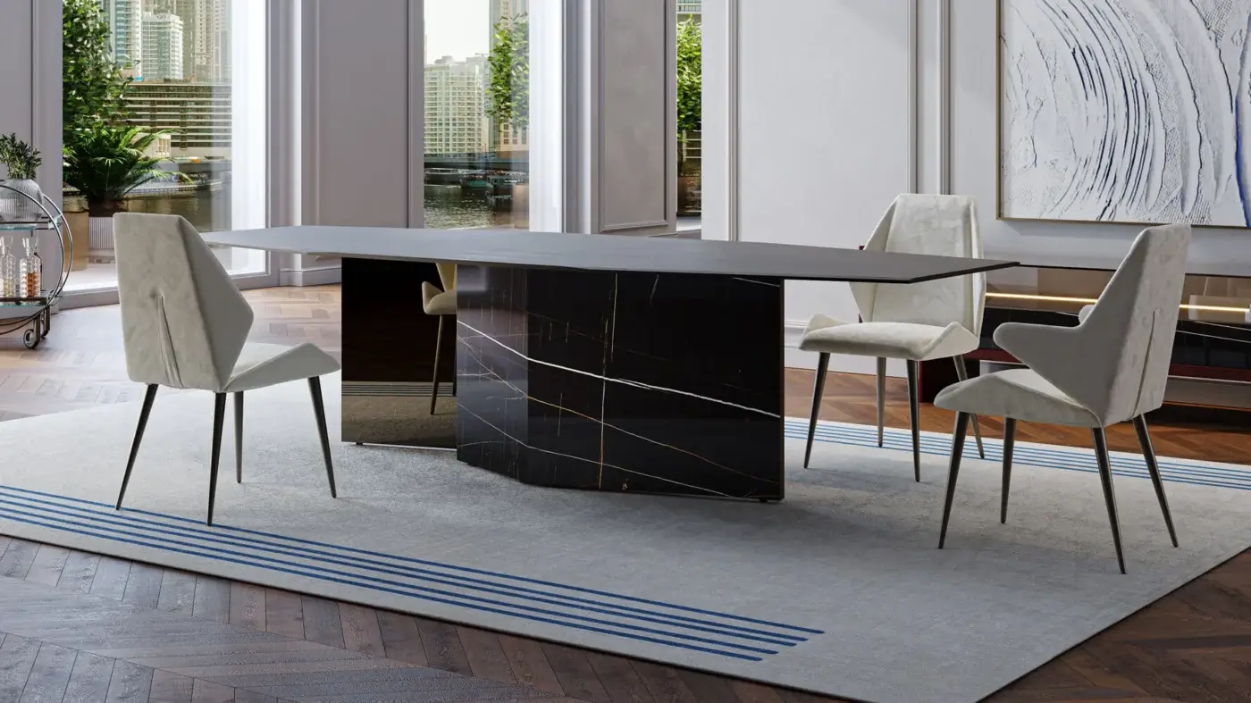 Distinguished Reflex Cubitum table with extra clear glass and a spectacular wooden base finished in Bronze with marble glass