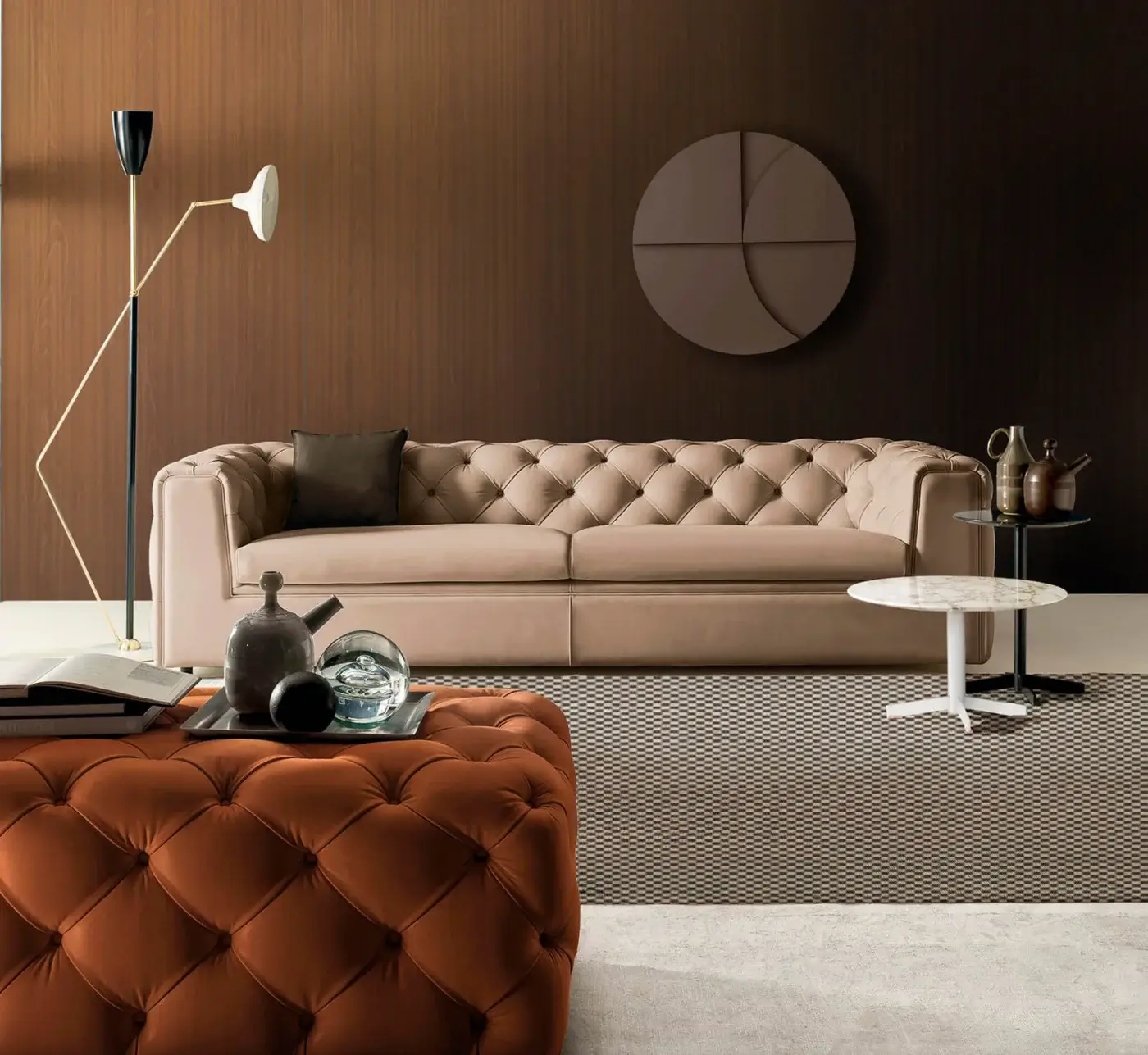 Exceptional 4 Mariani Tudor bench and ottoman upholstered in reddish-brown textile with a matte finish and fully quilted surface