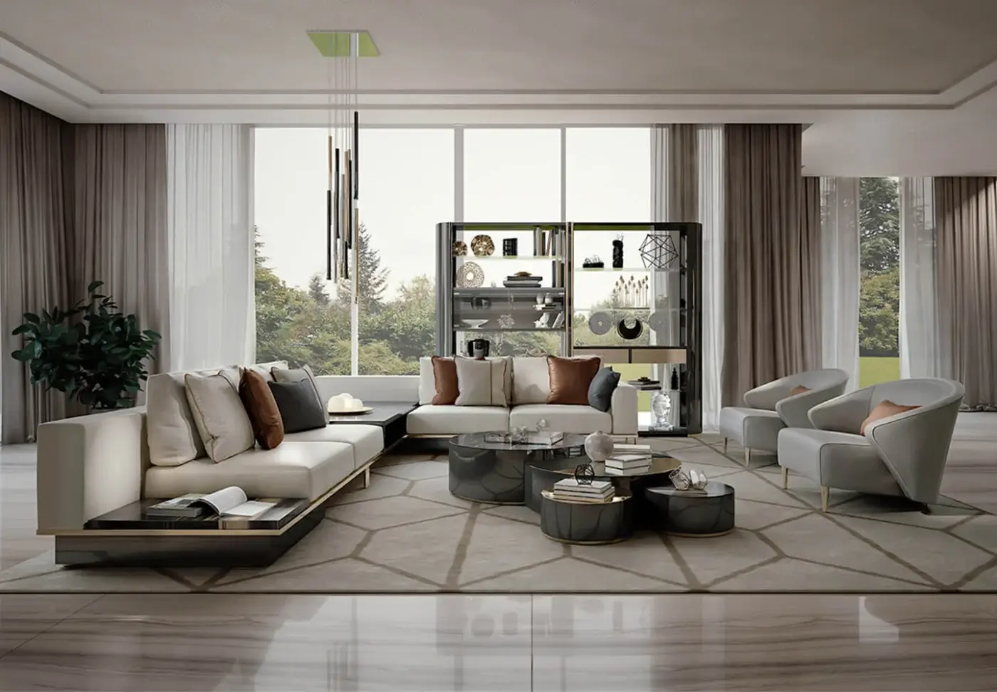 Bizzotto Ikat coffee table, dark gray, clustered circular surfaces with metal frame in a neutral living room setting.