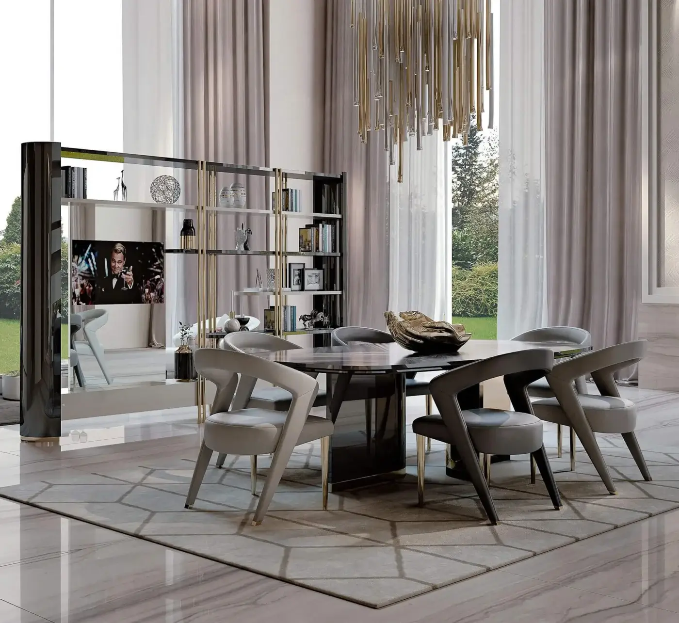 Round dining table with dark gray marble top and gold metal base, surrounded by eight gray chairs on a geometric rug in a modern dining room.