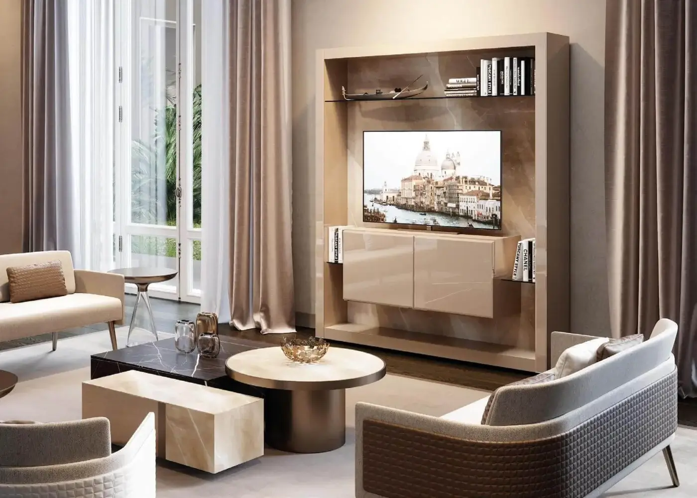 Superior Reflex Accademia side table with etched extra-clear glass top and 104M brass cylindrical support
