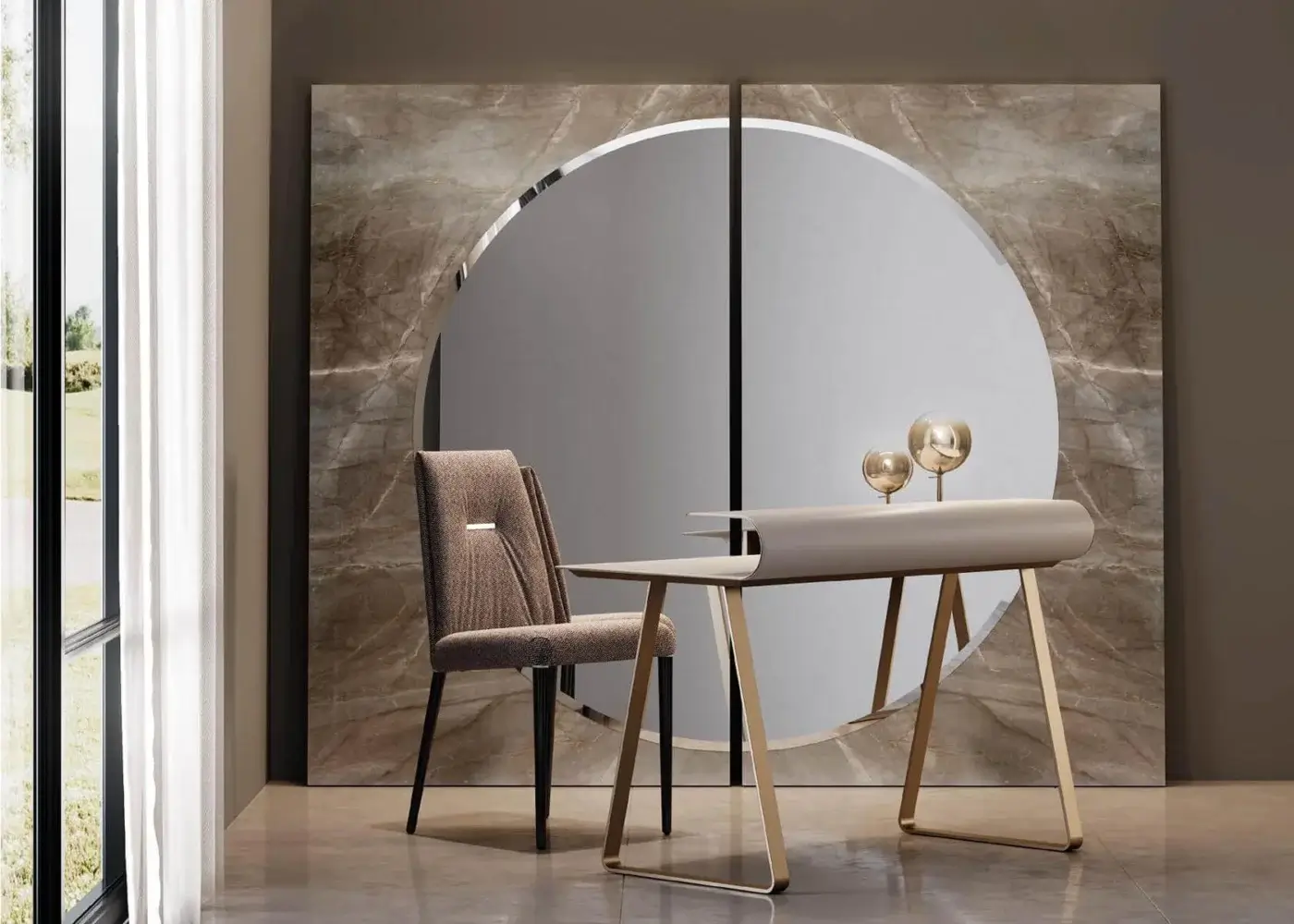 Distinctive Reflex Twist desk with light beige synthetic tabletop and refined leather side elements in gold-toned metal legs