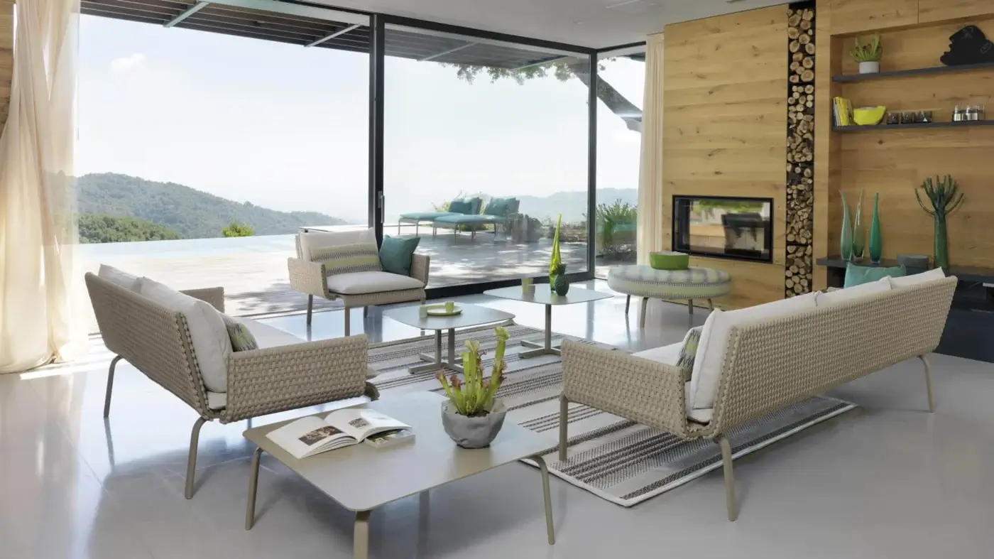 Distinguished Roberti Rattan Key West coffee table with powder coated aluminum structure in uniform grey and Cipria finish