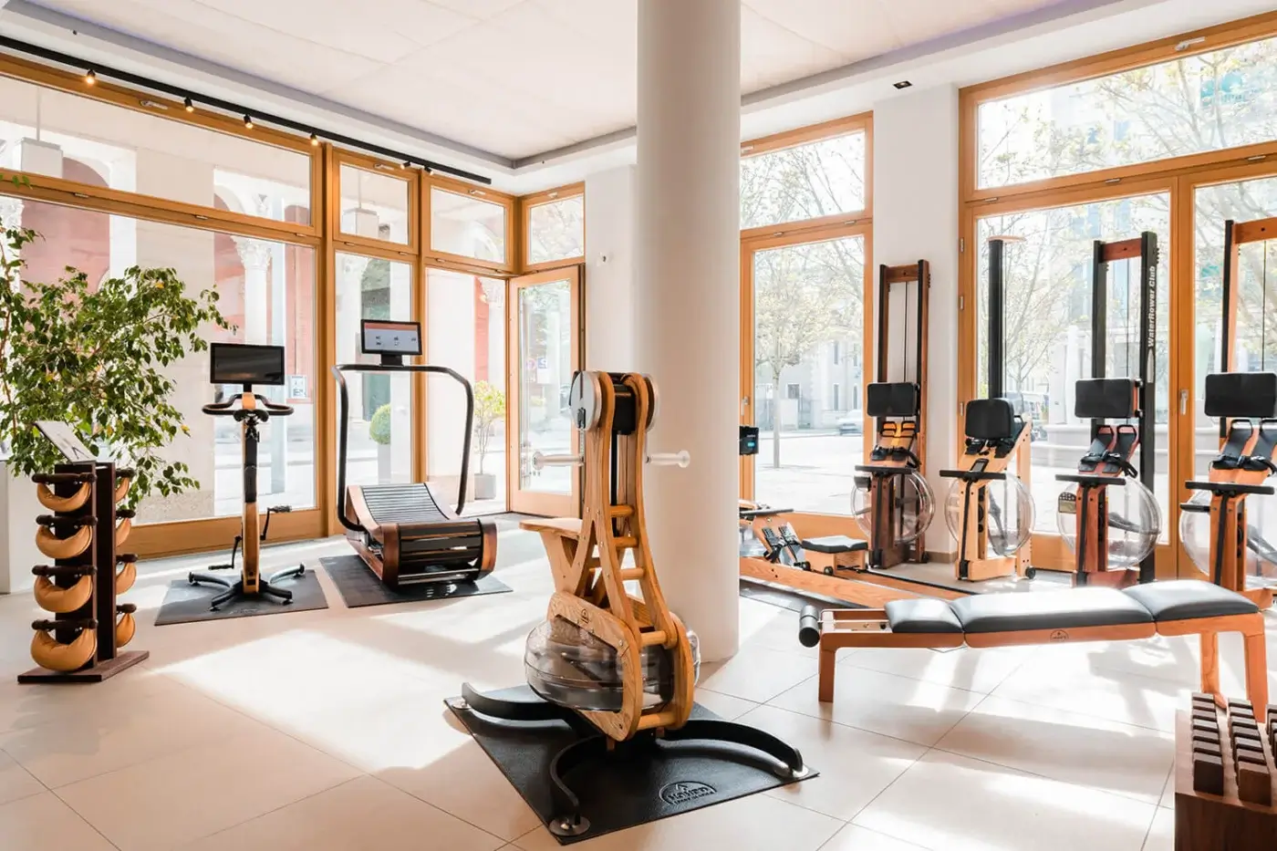 Waterrower Nohrd gym features wooden rowing machines, treadmill, and weights on tile flooring with large windows and natural light.
